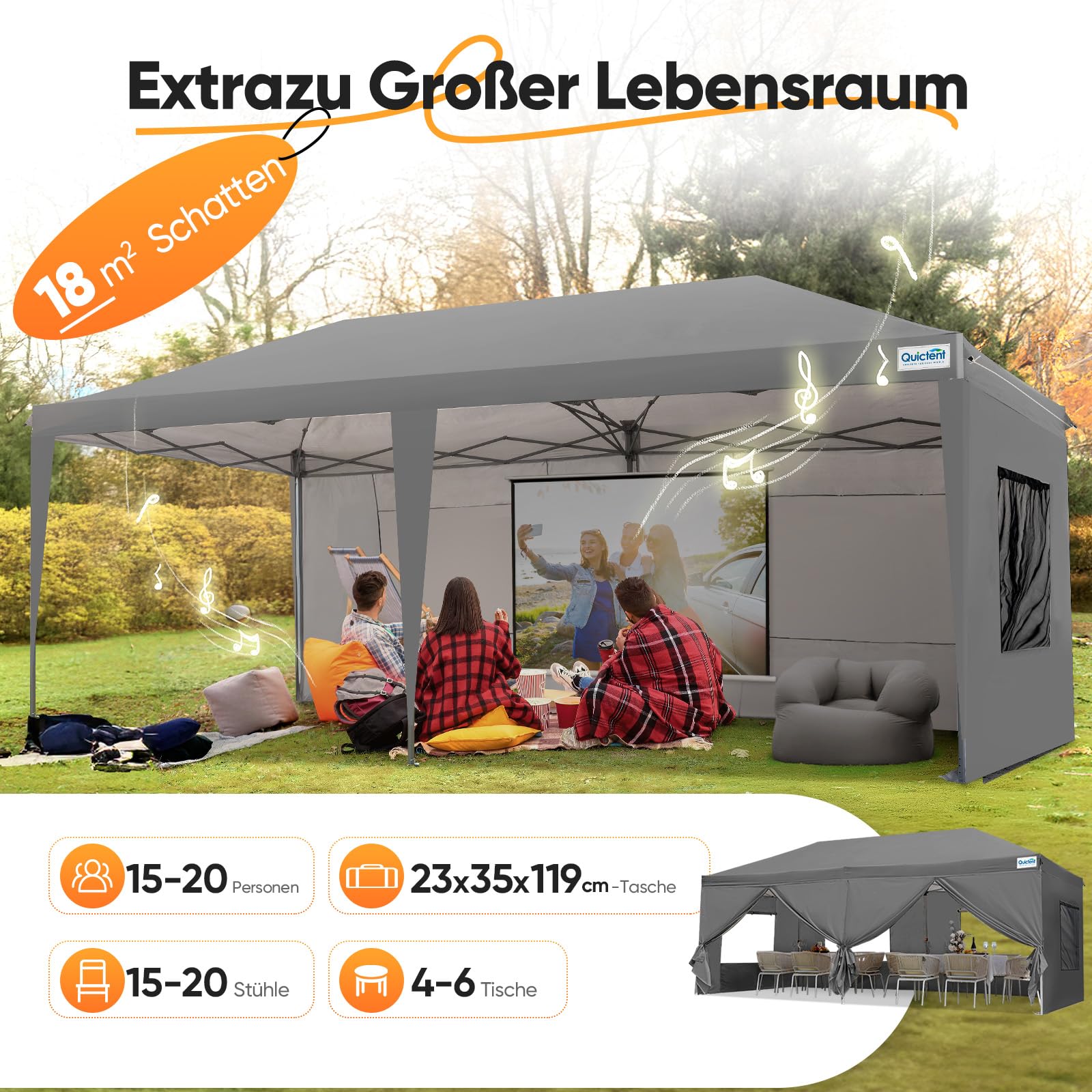 Quictent Pavillon 3x6m Faltpavillon mit 6 Seitenwänden, Gartenpavillon mit Rollentasche, Partyzelt 3x6 wasserdicht stabil, für Party im Freien, Hochzeiten, Fest, UV 50+,Grau