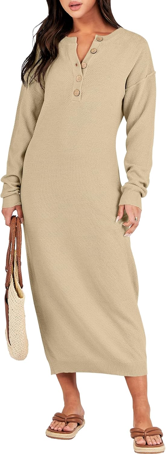 Size XL ANRABESS Women Long Sleeve Button V Neck Oversized Casual Loose Fit Waffle Knit Fall Midi Sweater Dress 2025 Trendy Outfits Apricot X-Large
