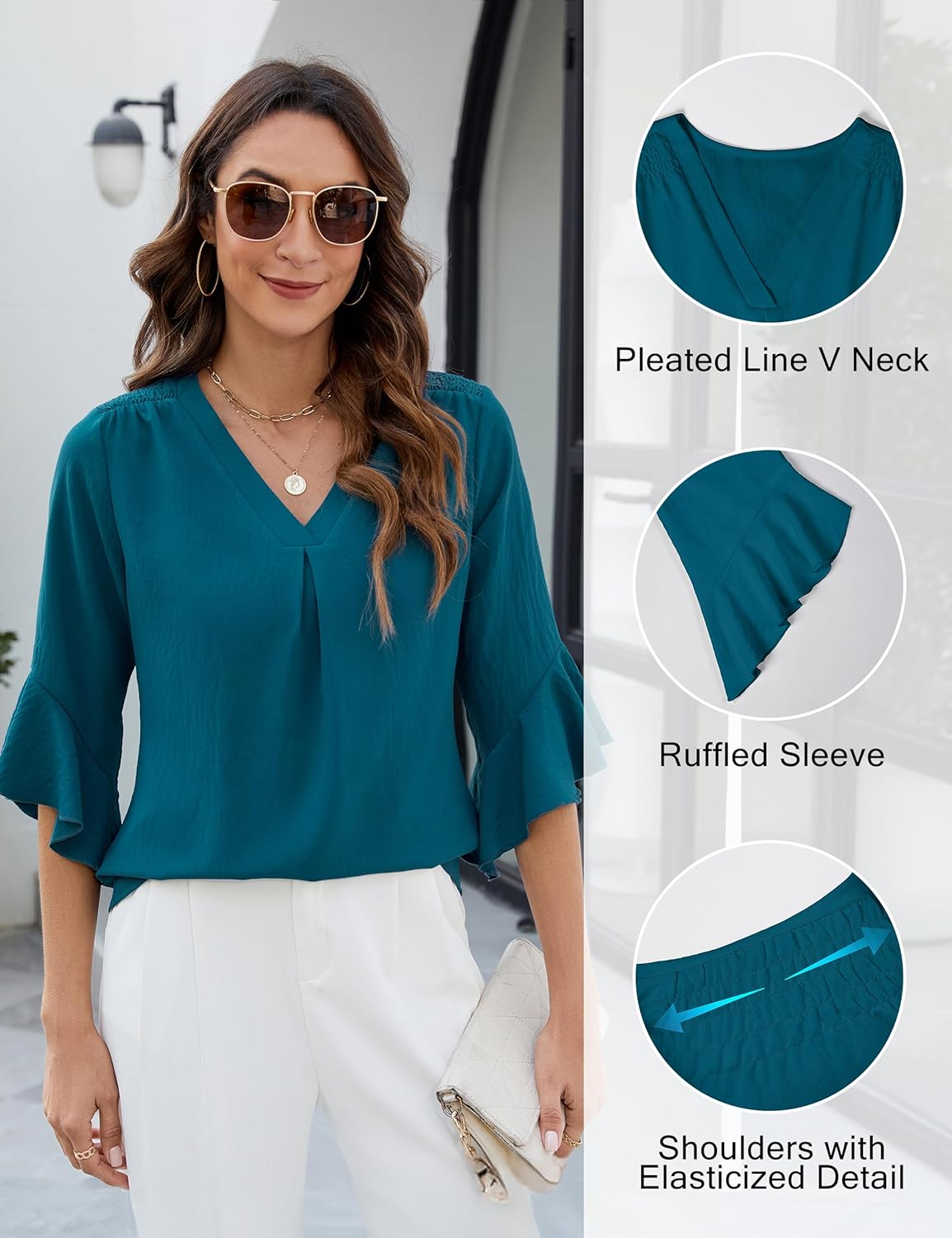 Blooming Jelly Womens 3/4 Length Sleeve Tops Summer Dressy Business Casual Blouses Work Shirts Chiffon V Neck Outfits 2025 - Image 4