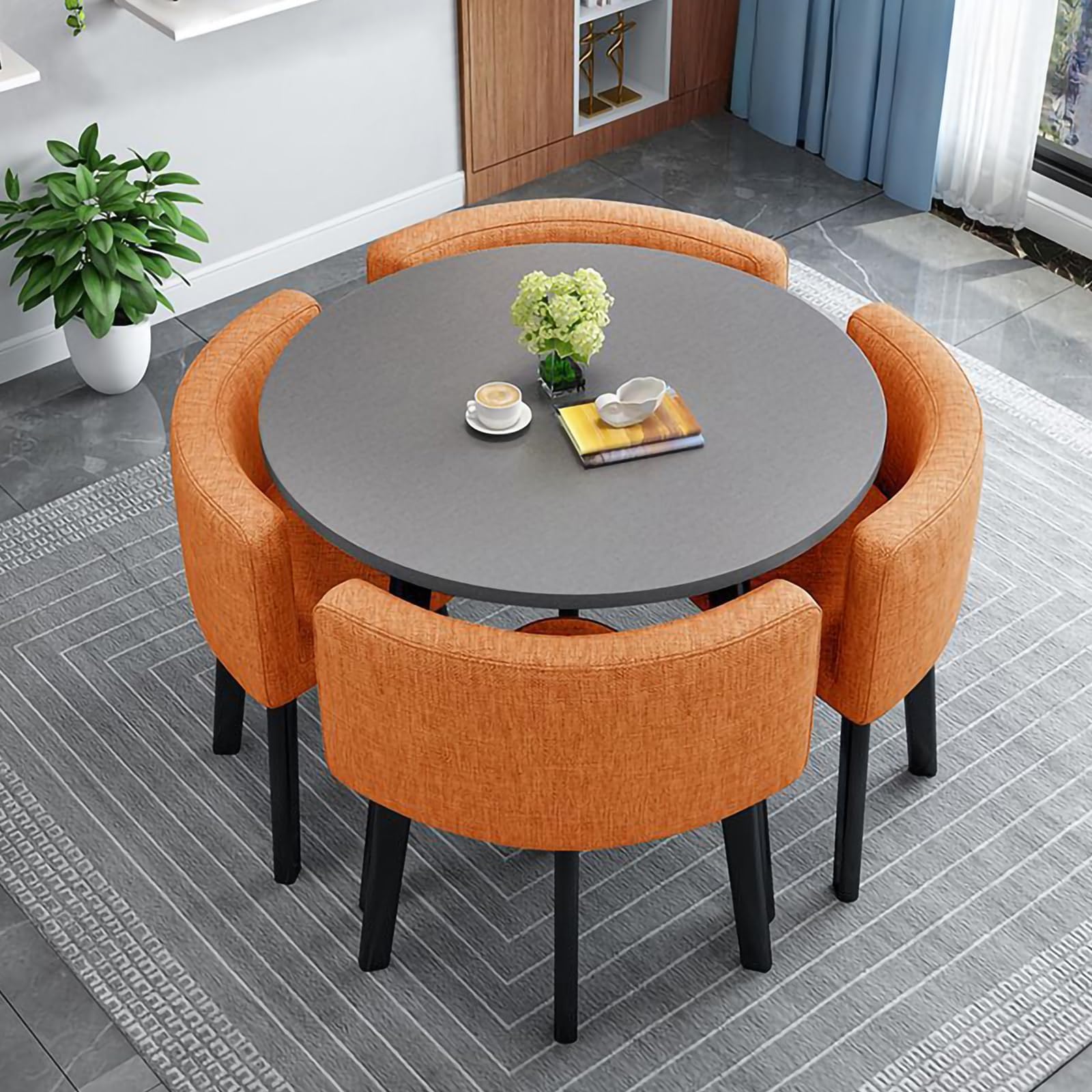 VinLeap Round Conference Table with 4 Chair, Modern Office Table and Chair Set, Space Saving Breakfast Nook Table Set for Kitchen, Dining Room, Office