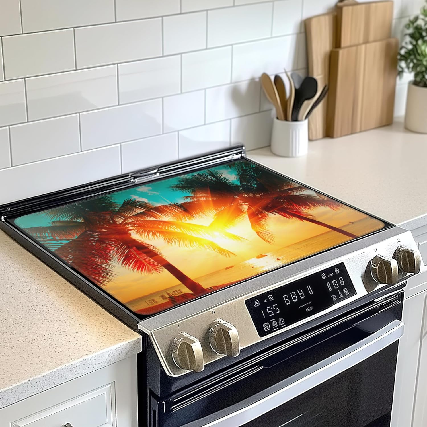Tropical Palm Tree Sunset Beach Stove Top Cover for Electric, Glass Ceramic Stove Cover, Heat Resistant Flat Stovetop Protector, Dish Drying Mats for Kitchen