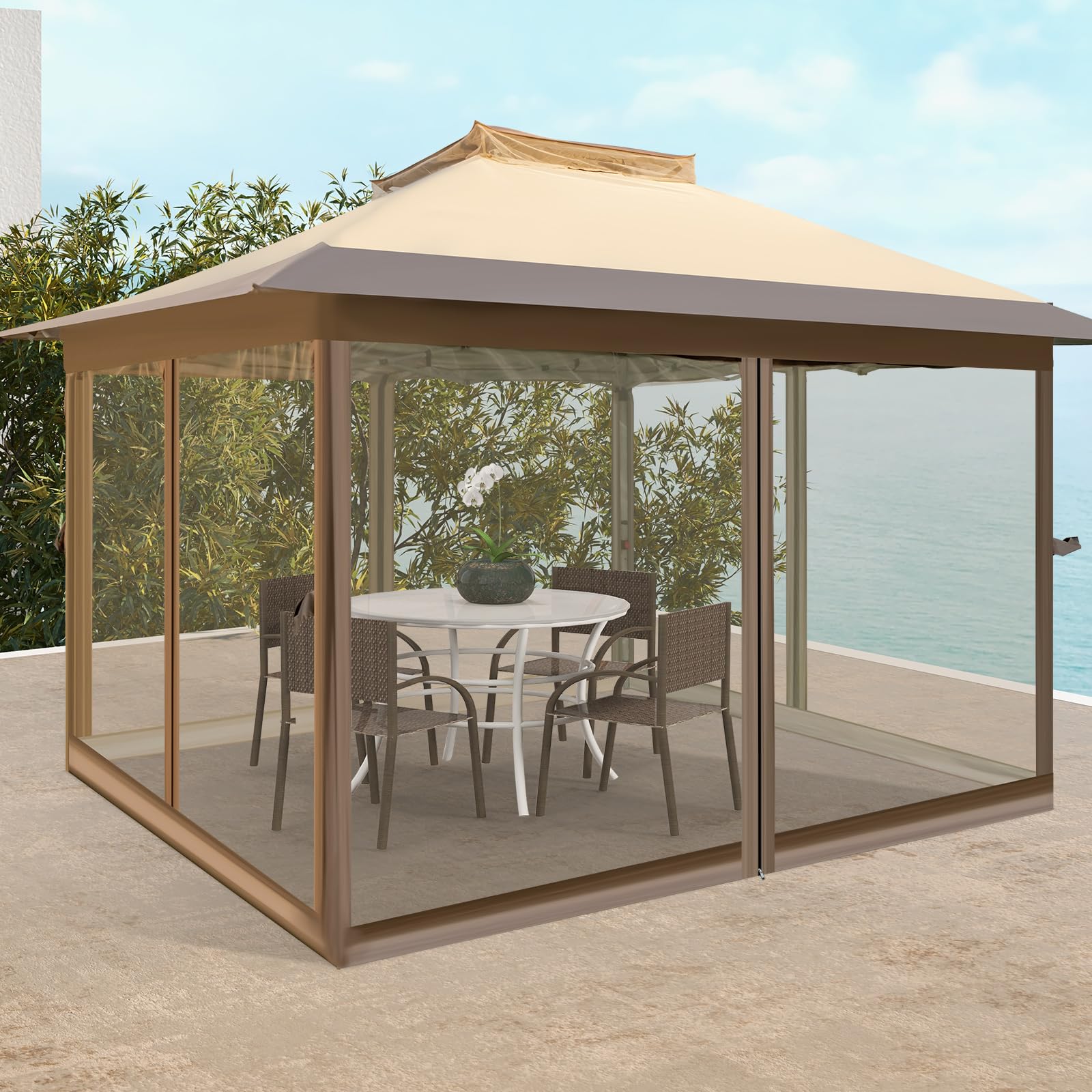 HOMASIS Gazebo Pieghevole con Tetto Doppio 3,6 x 3,6 m, Gazebo Esterno Resistente, Gazebo da Giardino in Altezza Regolabile con Cavi Anti-Vento/Sacchi di Sabbia/Borsa con Ruote, Cachi (Stile 1)