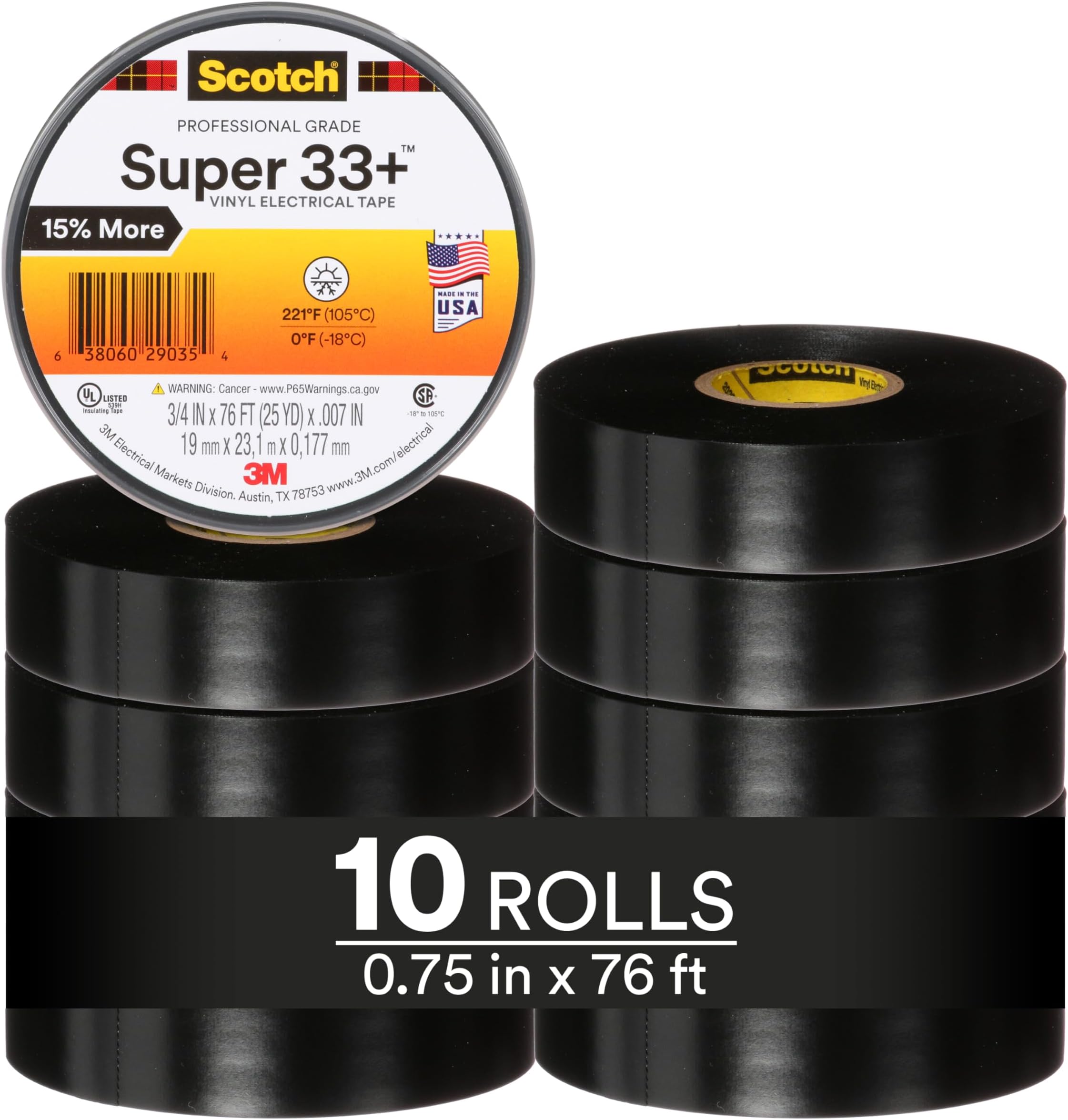 Scotch Super 33+ Premium Grade All Weather Vinyl Insulating Tape, 3/4" x 75' Long Roll, 1" Core, Black, 10 Rolls
