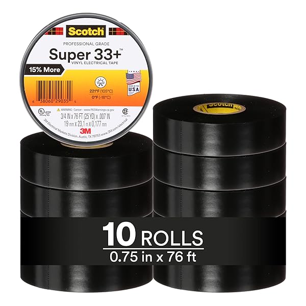 3M Scotch Super 33+ Electrical Tape - 3/4 in x 76 ft, Premium Grade All-Weather Vinyl, Resistant to Abrasion, Moisture, Corrosion, Alkalies - Long Roll, 1 in Core, Black, 10 Roll Pack