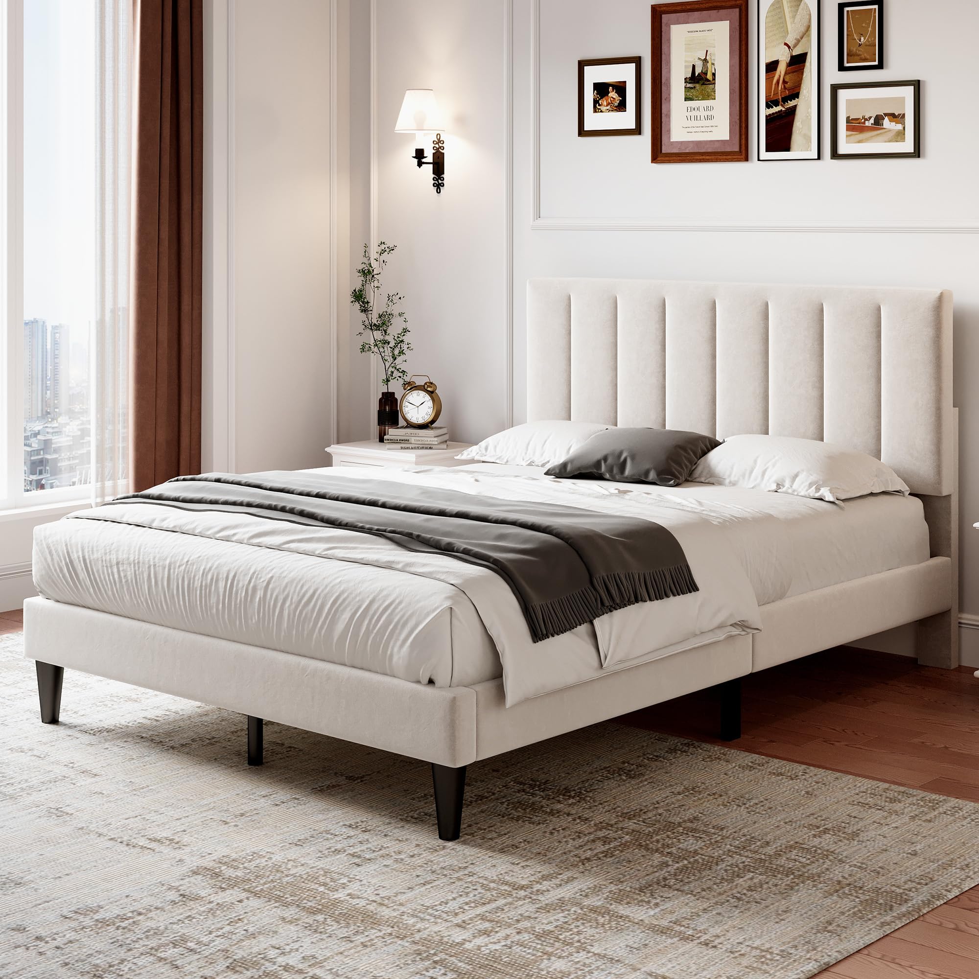 ModernLuxe Upholstered Double Bed, 4FT6 Bed Frame with Adjustable Channel Tufted Headboard, Solid Wooden Slatted Frame, Mute Foam, Easy Assembly, No Mattress, Velvet Beige, 135x190cm — image 1