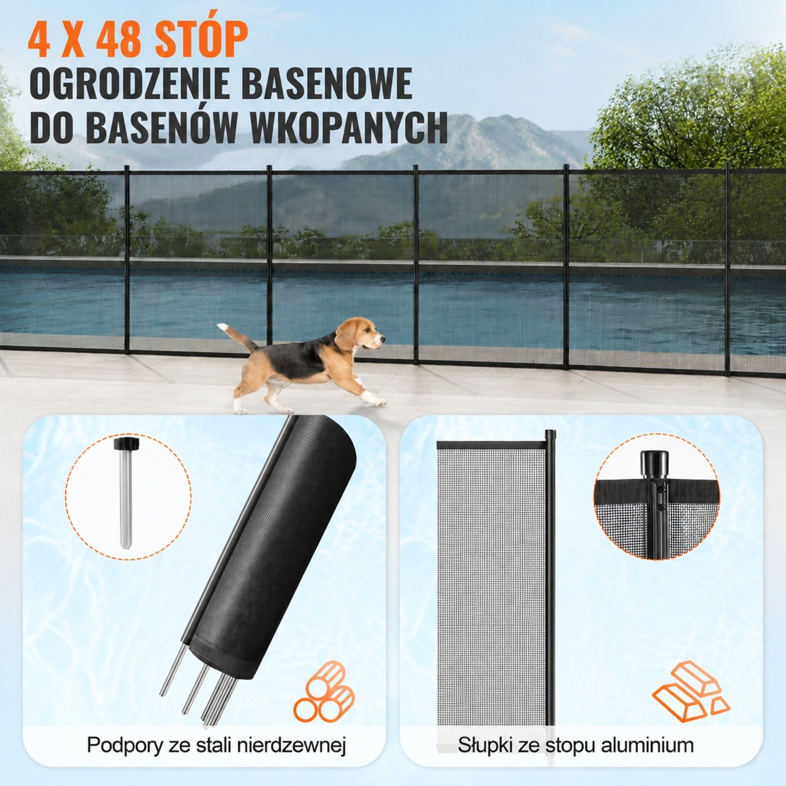 Zdejmowane ogrodzenie basenowe, siatka PVC Teslin z aluminiowymi słupkami, montaż DIY do użytku zewnętrznego w gruncie