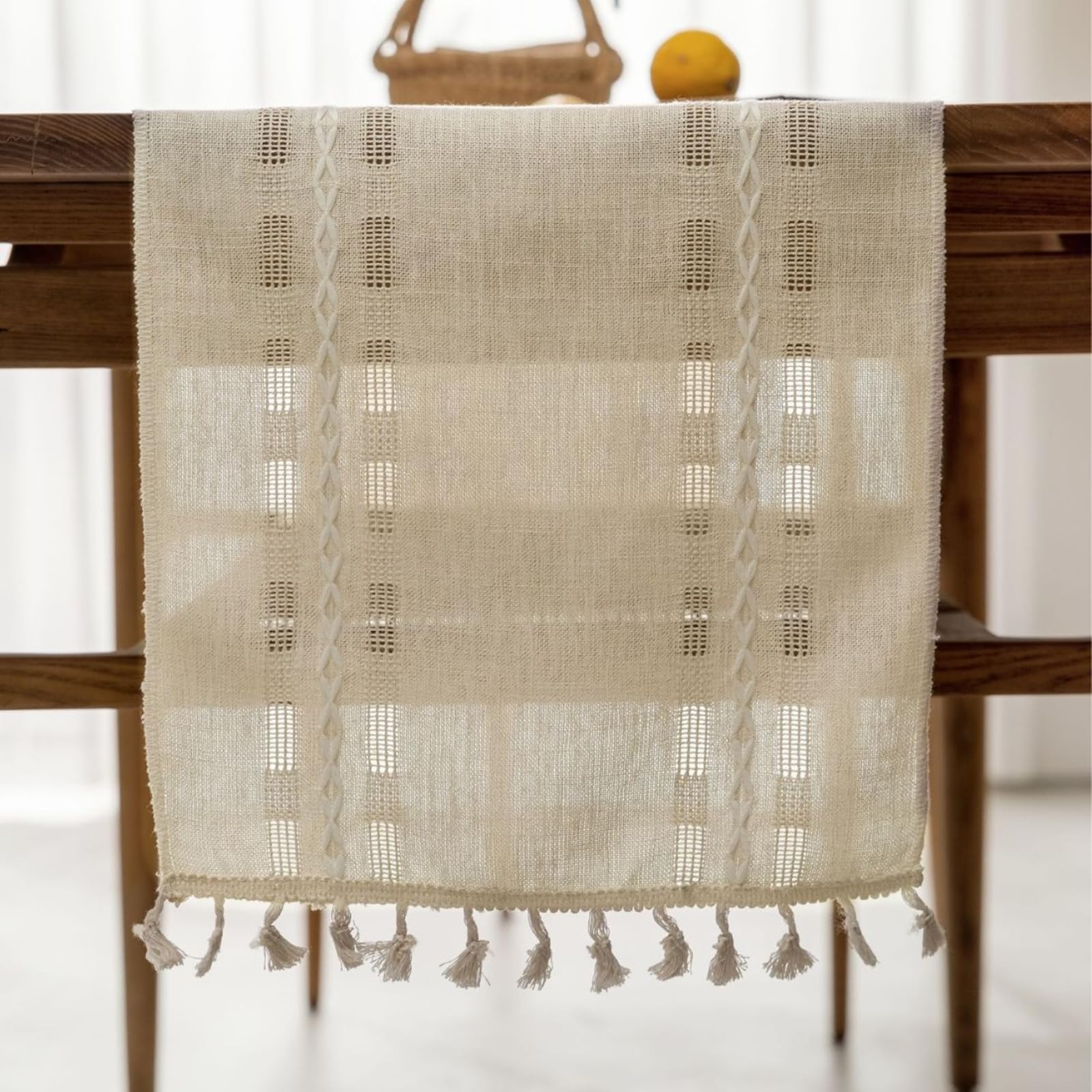 Beige Gelb Tischläufer Baumwolle Polyester, Deko Tischläufer Abwaschbar Einfarbig Hohl Kariert Gestreift Muster mit Quasten Tischdecke für Esszimmer Dekor, 33x220 cm, Beige Gelb