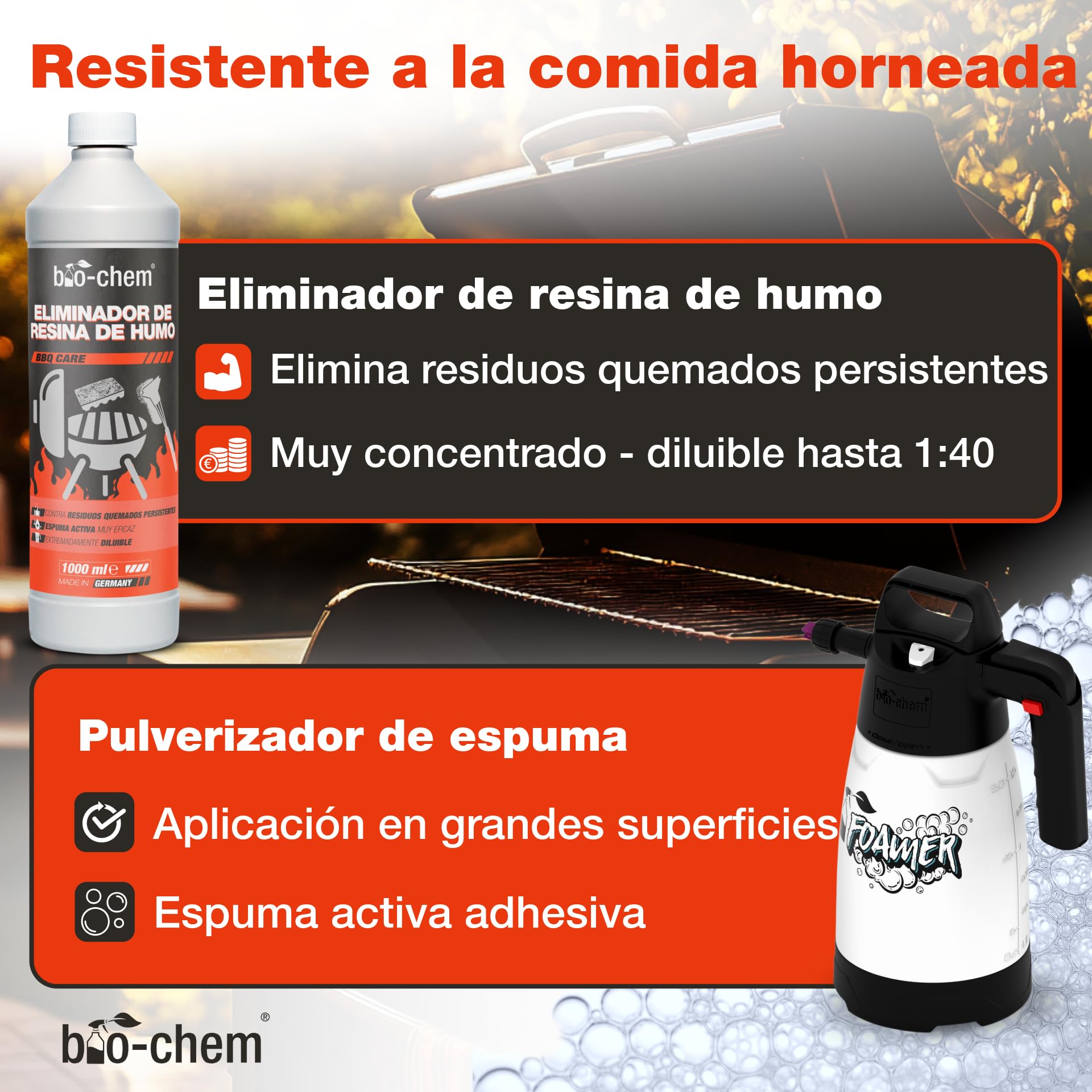 Bio-Chem - Kit Limpieza Barbacoa con pulverizador de Espuma 9 pz: Limpiador Resina 0,5L - Desengrasante Superficies BBQ 750ml - Spray per INOX 750ml - Spray di Aceite 200ml - con Accesorios