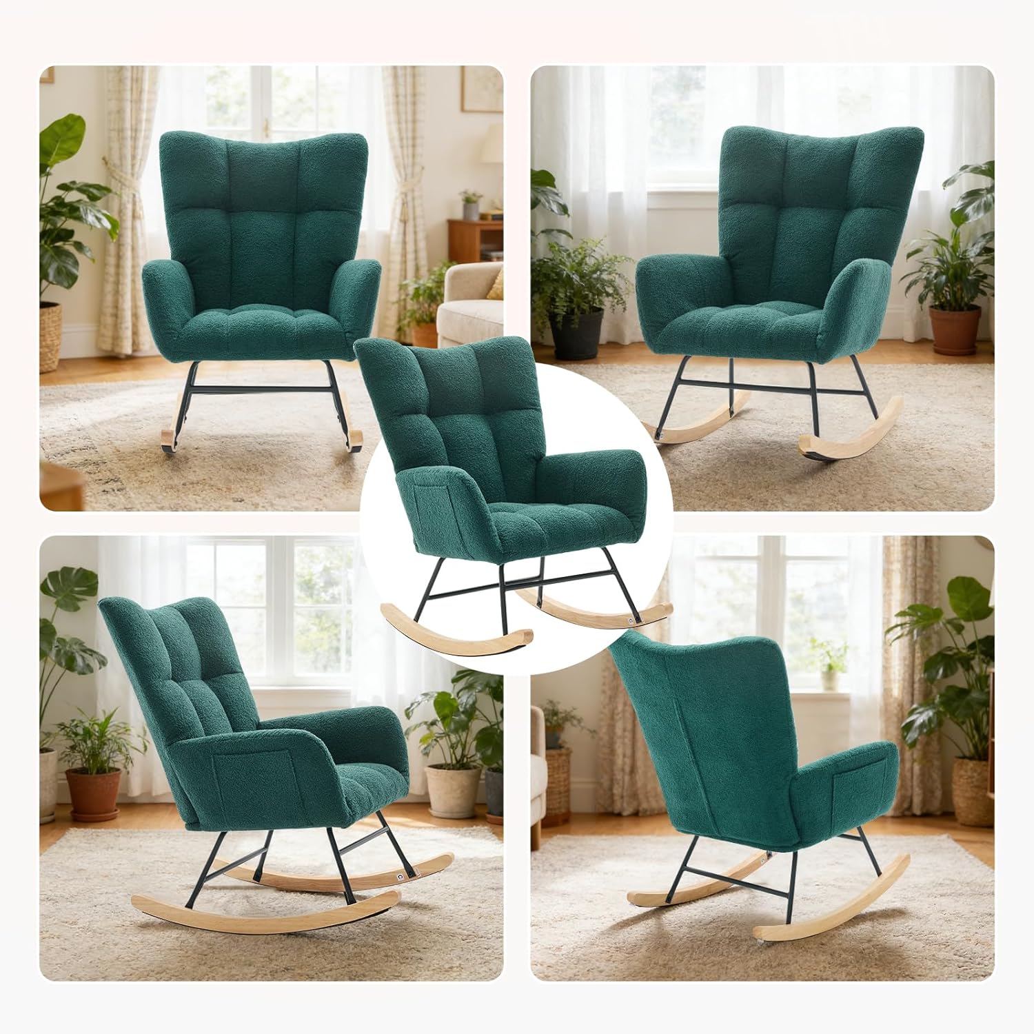 DUMOS Nursery Rocking Chair Teddy Upholstered, Comfy Glider Rocker with High Backrest Armchair Padded Seat, Accent Side Chair for Living Room Bedroom Offices Small Spaces Indoor, Green