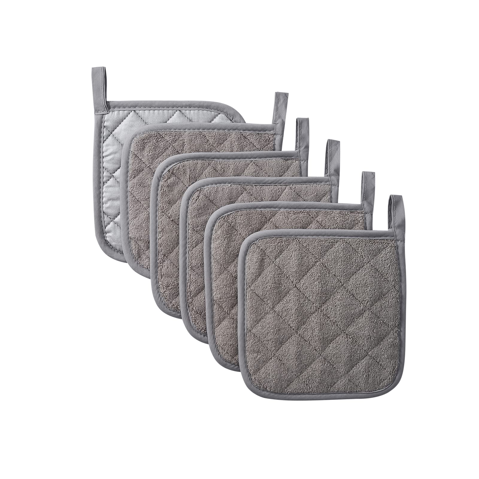 Kitchen Pot Holders Set Heat Resistant Pure Cotton Potholders Kit Trivets Large Coasters Hot Pads Terry Pot Holders for Everyday Cooking and Baking by 7 x 7 Inch Set of 6 Grey