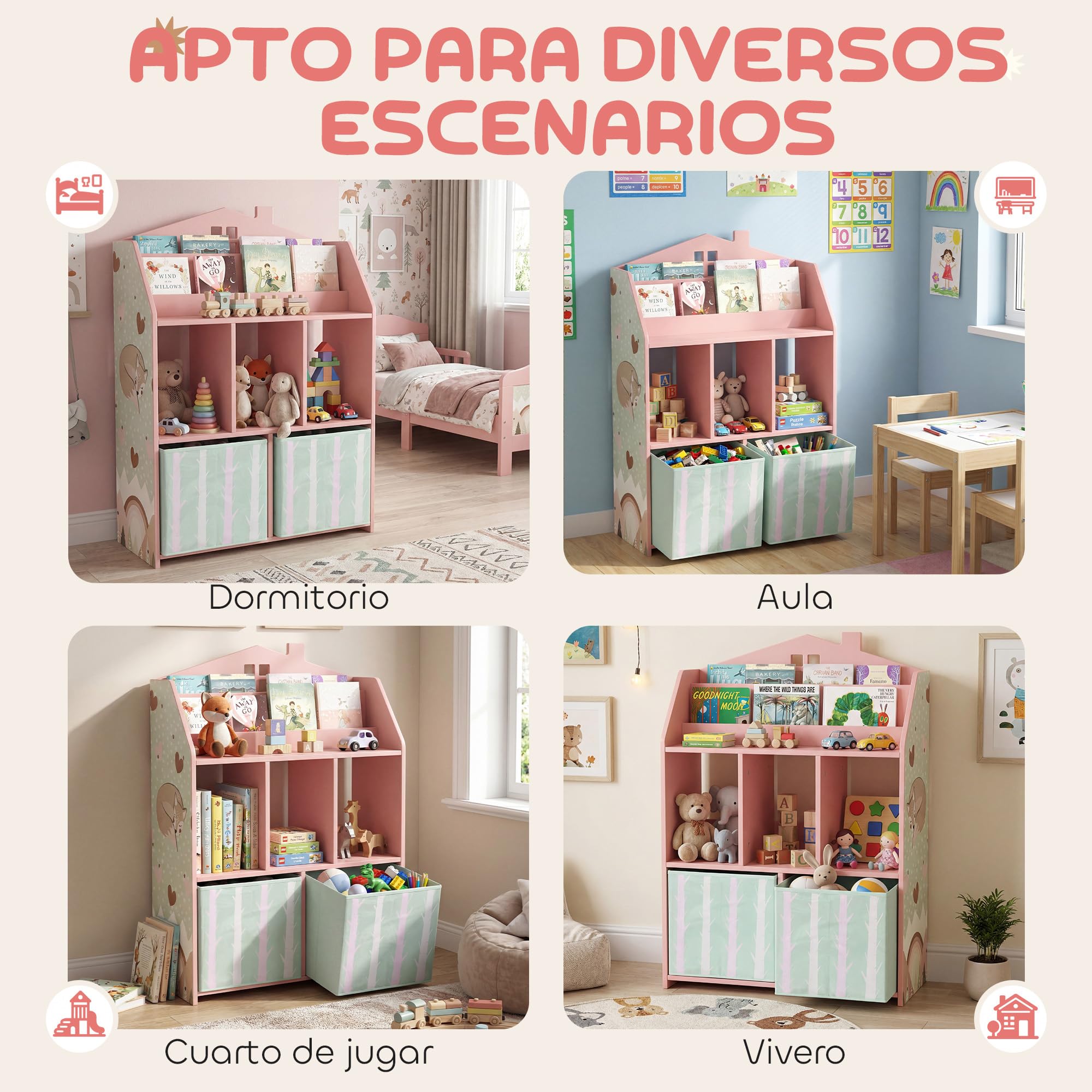 AIYAPLAY Estantería Infantil para Juguetes con Cajones de Tela, Estantes Abiertos, Diseño de Zorros, Organizador de Juguetes para Dormitorio, Sala de Juegos, Guardería, Rosa