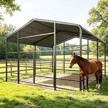 13x13ft Heavy Duty Livestock Shelter, Galvanized Steel Corral Run-in Shed for Cattle & Horses, All-Weather Metal Pasture Pen with Roof, 90 MPH Wind Rated & 35 PSF Snow Load, Dark Gray 13*13