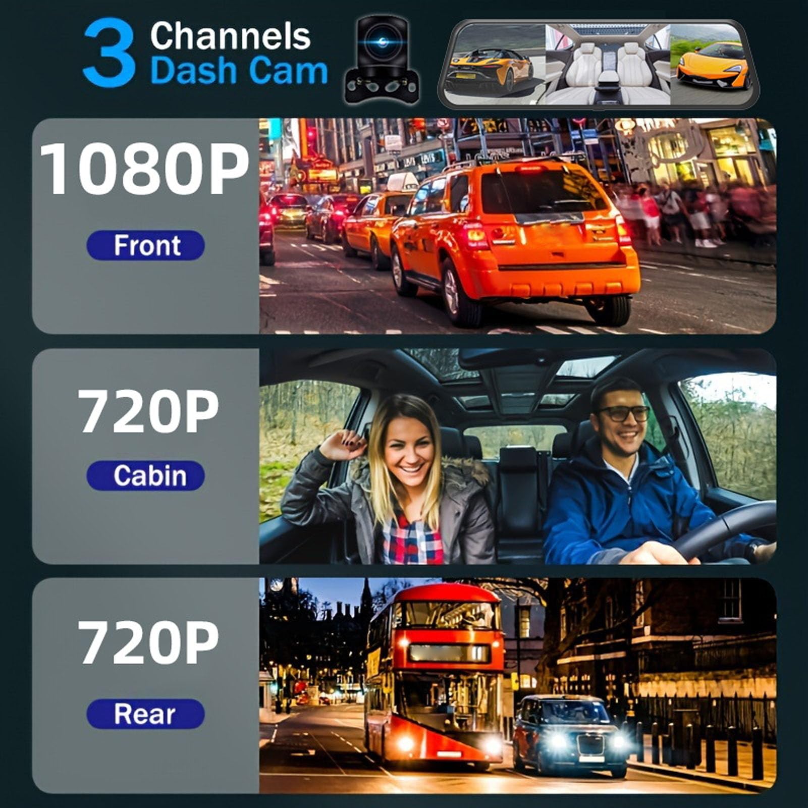 Topiky Cámara de Espejo Retrovisor 4K, Cámara de Tablero con Pantalla Táctil de 9,66 Pulgadas con Grabación en Bucle Frontal y Trasero de Gran Angular de 170°, para Vehículos con