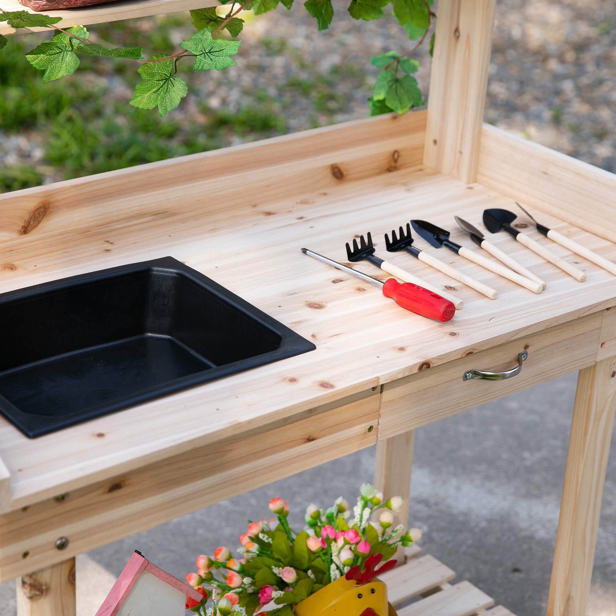 Outsunny Banco de jardín para macetas, estación de Trabajo de Madera, Banco de Trabajo para Plantar al Aire Libre con 2 Ruedas, Fregadero, cajón y Grandes Espacios de Almacenamiento, 92 x 45 x 119 cm