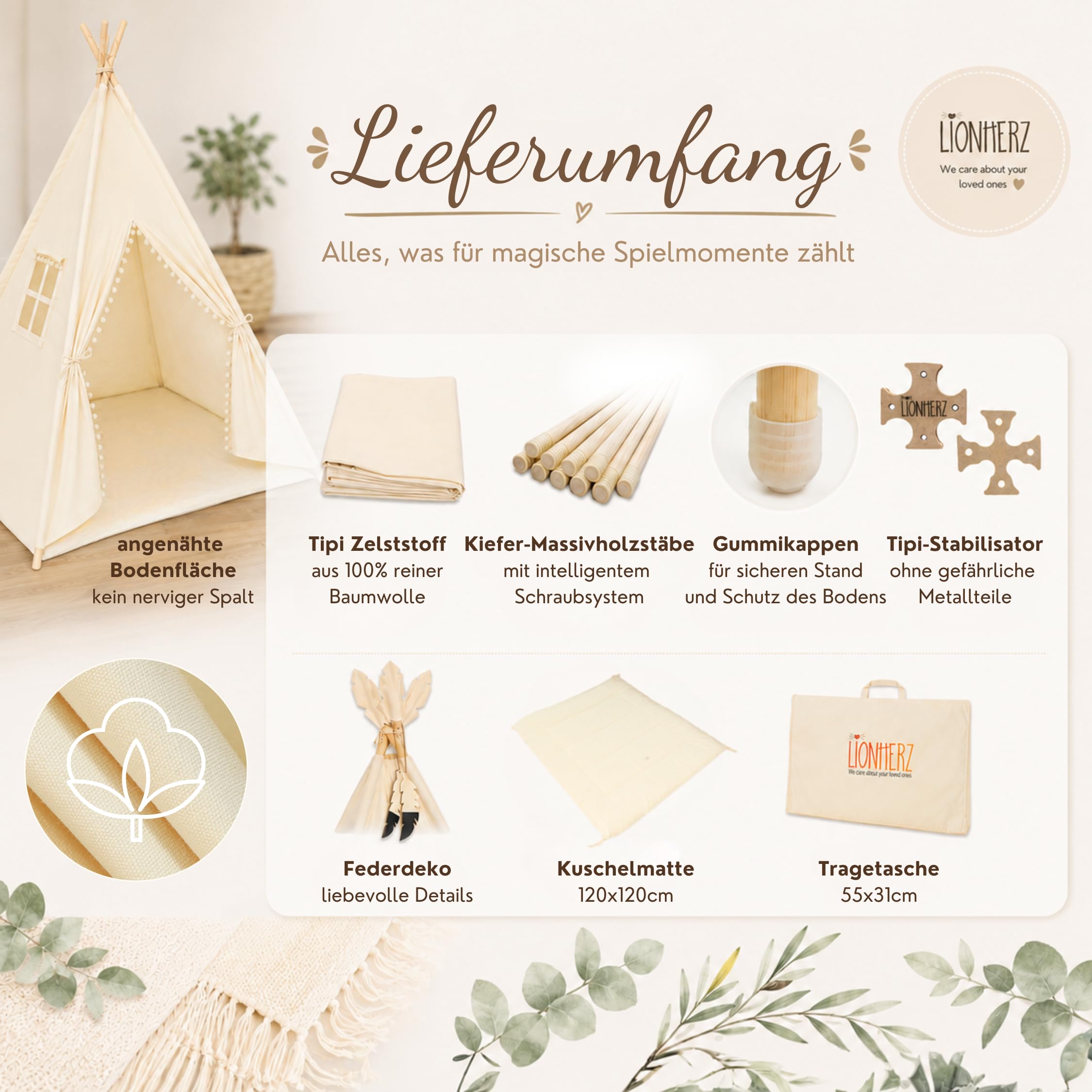 LIONHERZ® Tipi Tenda per Bambini in 100% Cotone Con Tappetino, Borsa e Gioielli in Piuma - Teepee da Gioco Stabile per Interni ed Esterni