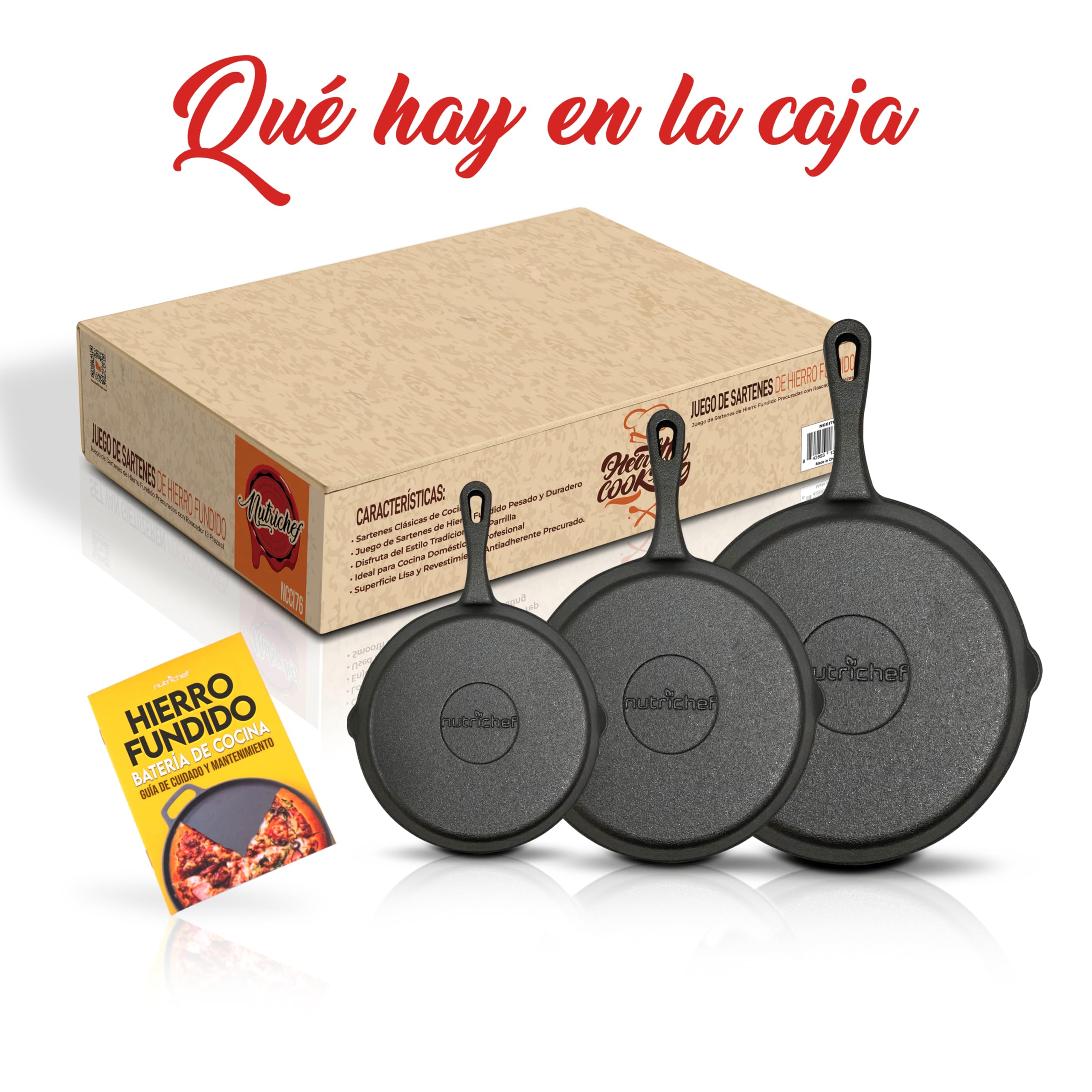 NutriChef sartenes de hierro fundido pre-sazonadas, set de 3 piezas, Boquilla antigoteo y raspador, Compatible con induccion, Estufa electrica, Gas y ceramica