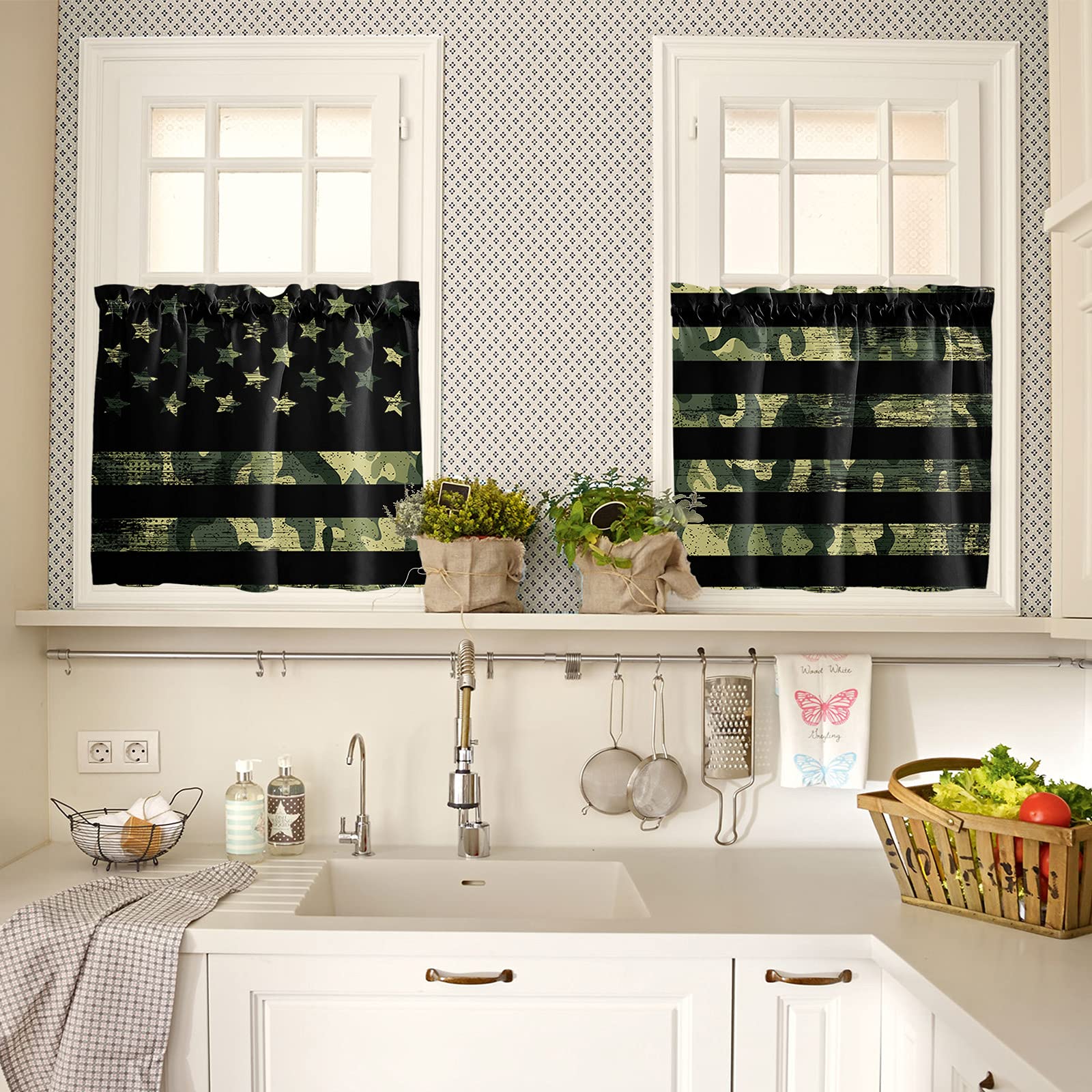 Jolunifun Kitchen Curtain 36 Inch Length, Green Camouflage American Flag, Small Short Cafe Tiers Curtains Drape, 2 Panels Window Treatment Rod Pocket Drapery Curtains 55x36