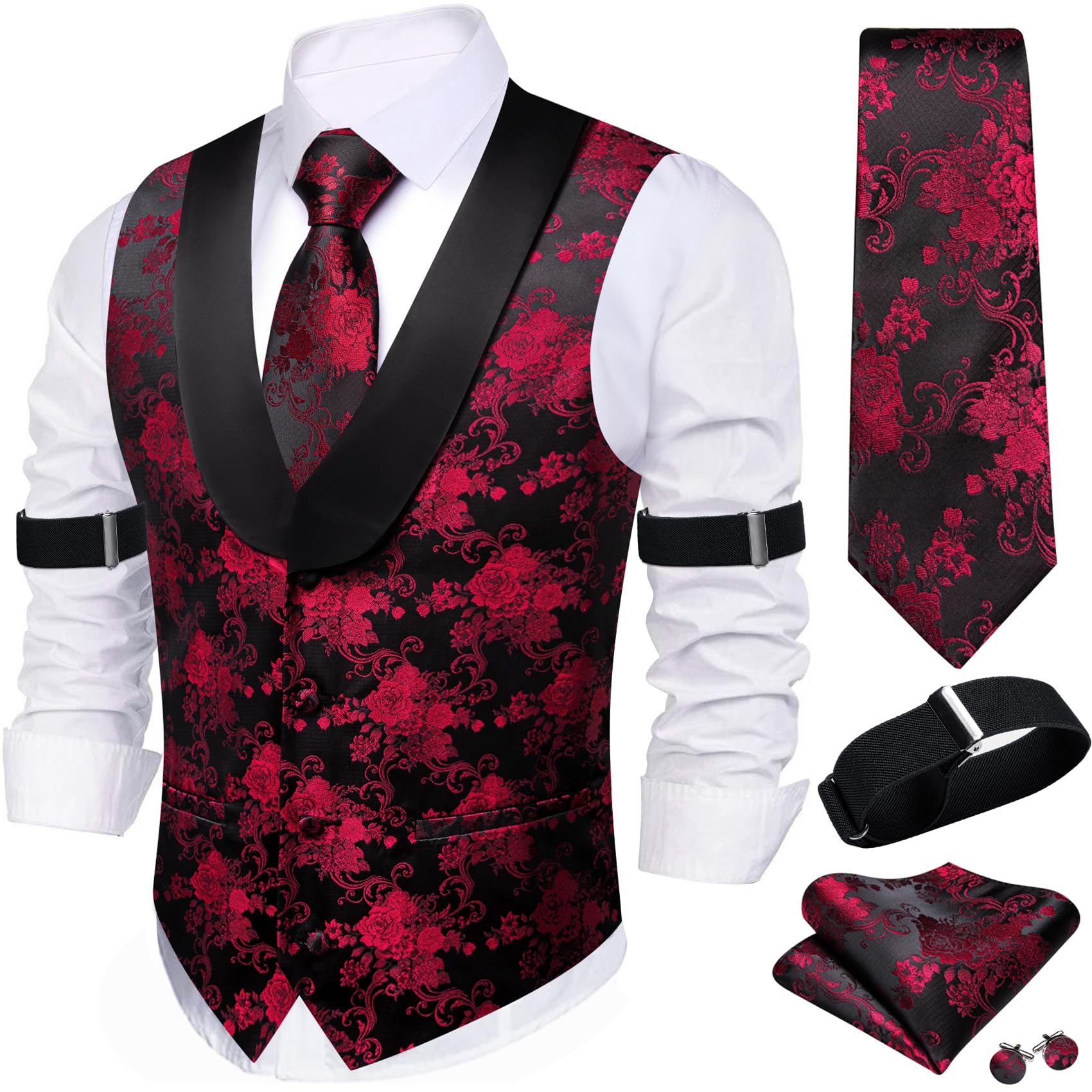 Barry.Wang Mens Silk Paisley/Floral Suit Vest Tie Sleeve Holder Set 5PCS