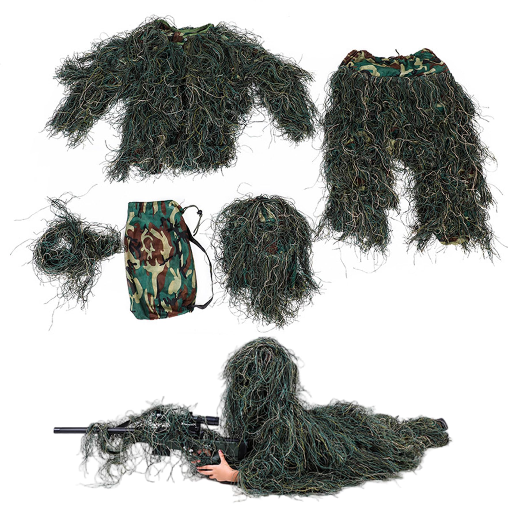 Ghillie Suit per bambini Altezza 51, 18-59, 06 pollici, tuta mimetica 3D traspirante 5 in 1, abbigliamento da caccia con giacca, pantaloni, cappuccio, borsa per il trasporto, giocattoli, giochi.