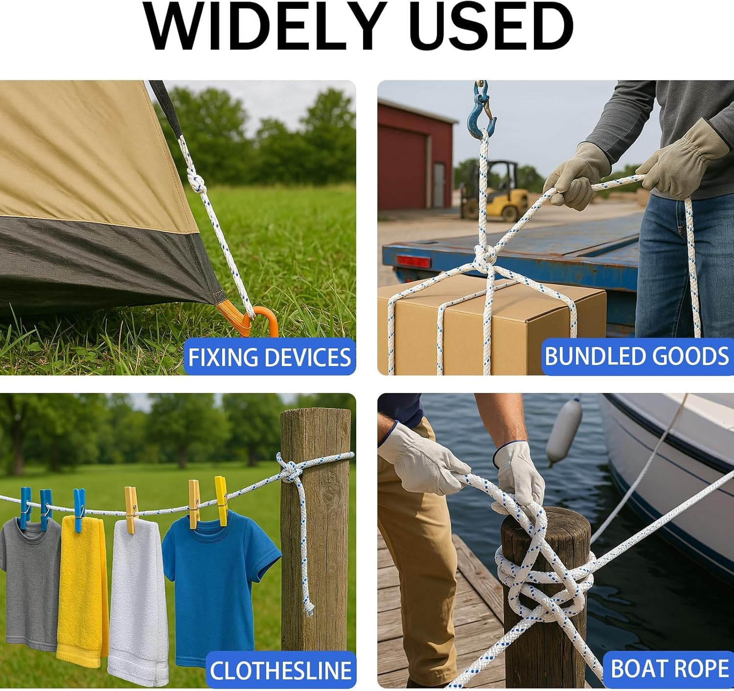 3/4" x 200' High Force Braid Polyester Rope, 24 Strand Bull Rope Up to 20000Lbs Tensile Strength, Heavy Duty Tree Rope, Ideal for Tree Work, Camping and Swings, Blue and White