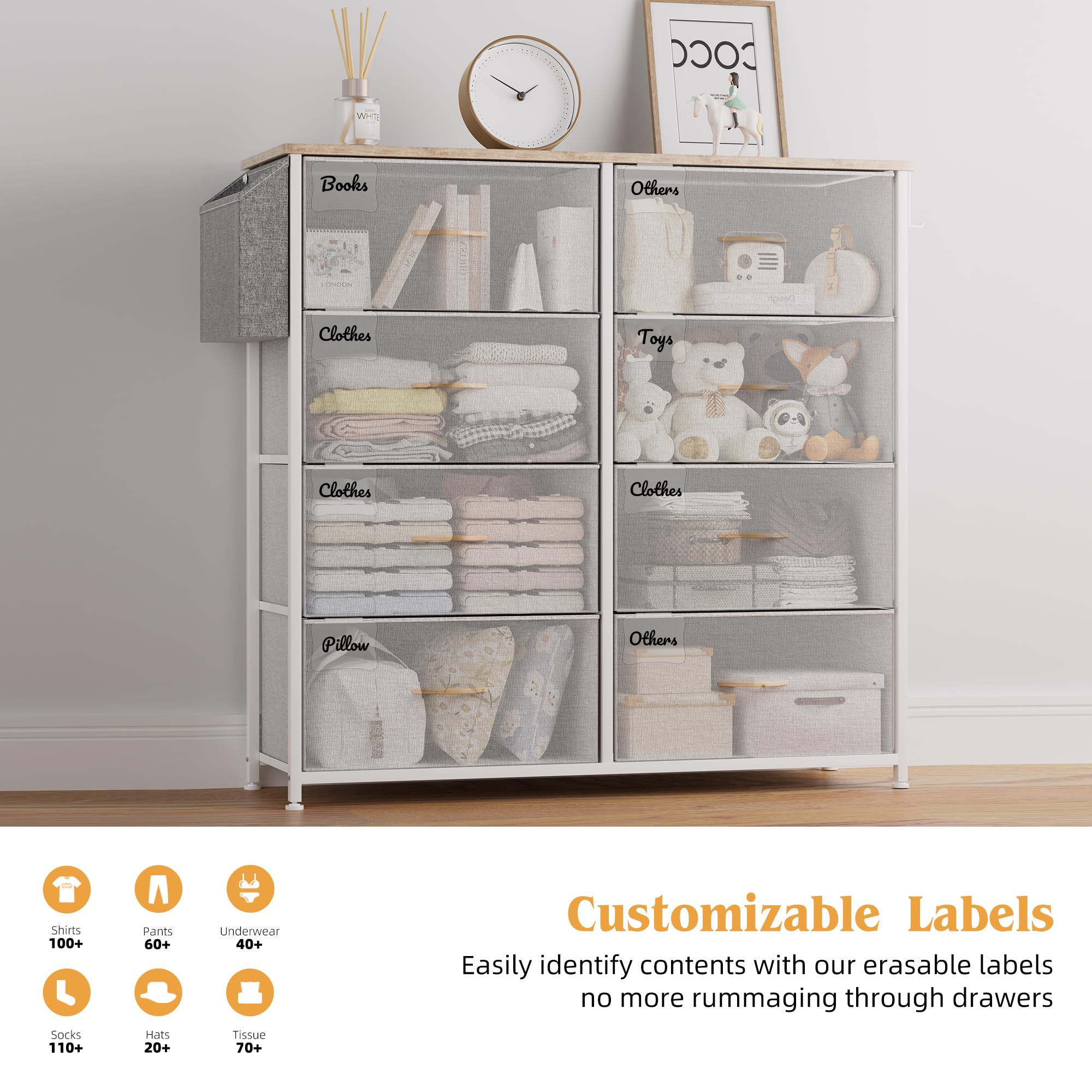 Commode En Tissu PURFINO Avec 9 Tiroirs – Meuble TV Pour écrans 43 à 65 Pouces, Prises Intégrées (2 AC + 2 USB), étiquettes Incluses - 6