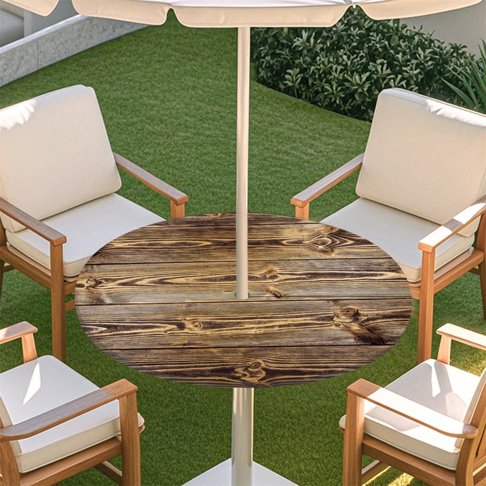 Fasbuy Outdoor Round Tablecloth with Parasol Hole and Zipper, Woodgrain Table Cloth Waterproof, Damask Ceramic Tile Mandala Wipeable Tablecloths Elastic Edge for Patio Garden (Vintage,M)