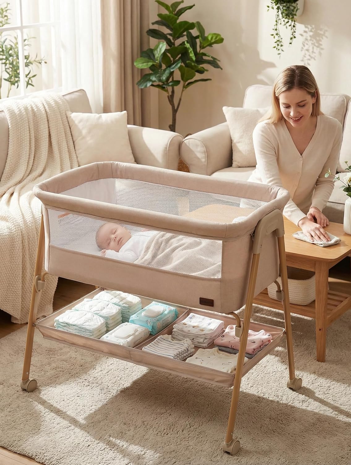 Baby Bassinet, Bedside Bassinet for Infant, Bassinet Bedside Sleeper with Mattress, Storage Basket 4 Auto-Lock Wheels, Full-Mesh Sides, Bed Side Mini Crib for Newborn (1, Beige) | Breathable Fabric, Retractable Side, Comfortable Space, Panoramic view, Auto-Lock Wheel, Storage Basket
