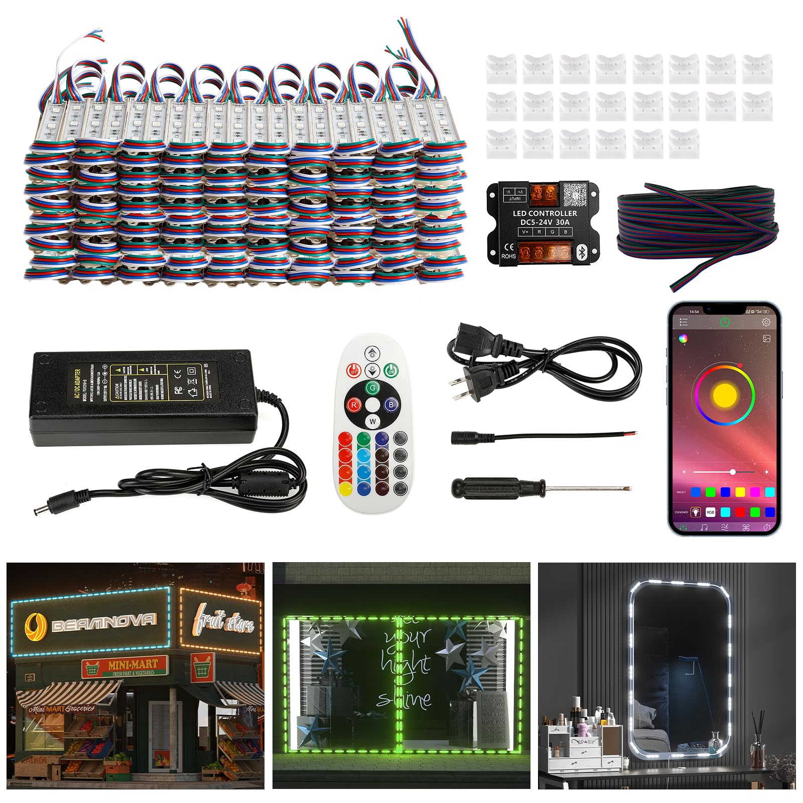 BEAMNOVA 100Ft LED Strip Lights Kit Commercial RGB Storefront Light Strings, Bluetooth Mobile App Control, DC 12V Power Supply, Remote, Connectors, Adhesive Waterproof Outdoor Decorative Lights