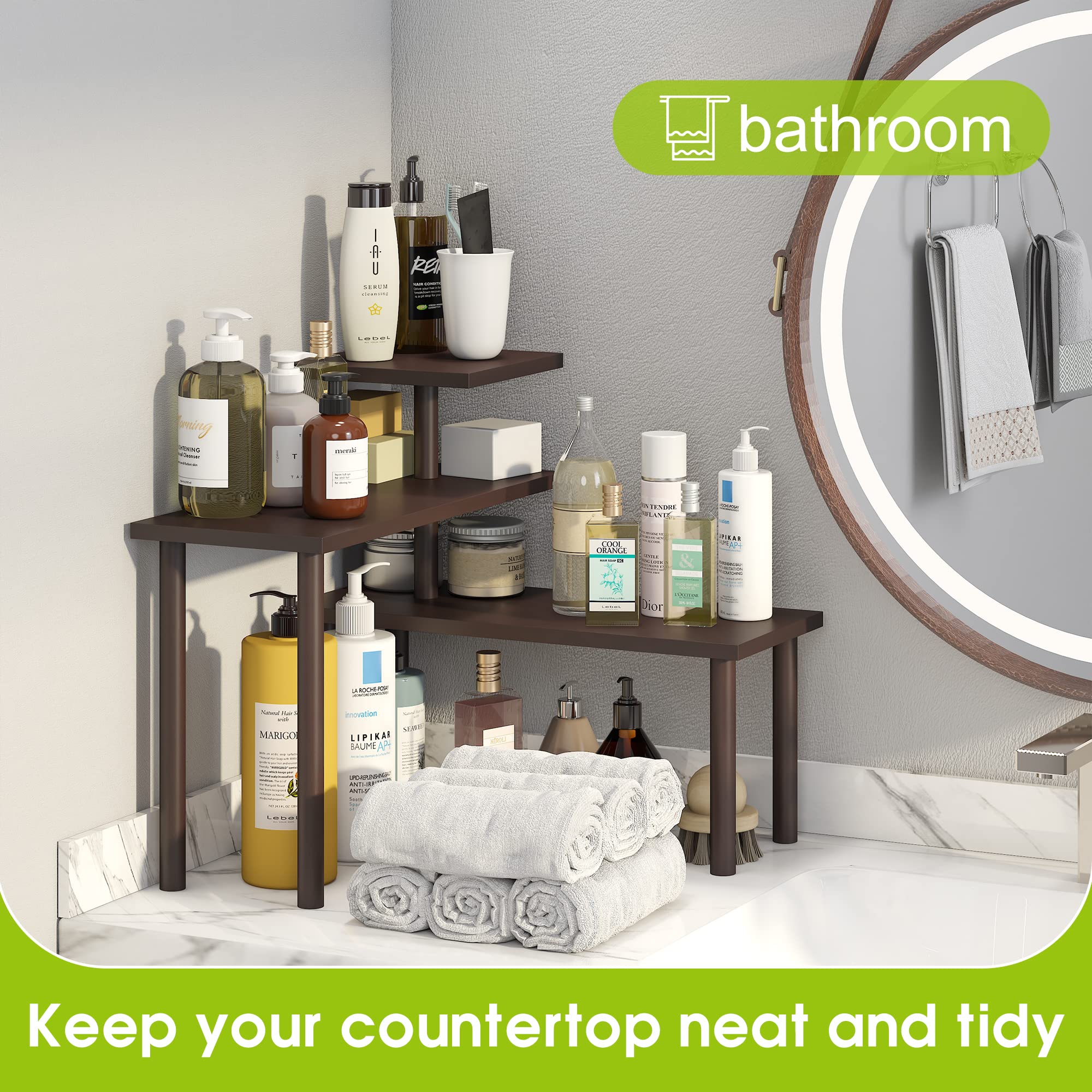 BMOSU Kitchen Corner Shelf Countertop Organizer Adjustable Spice Rack Corner Display Rack Shelf Cabinet Corner Rack 3 Tier Storage Organization Bamboo for Kitchen Bathroom Counter Shelves(Brown)