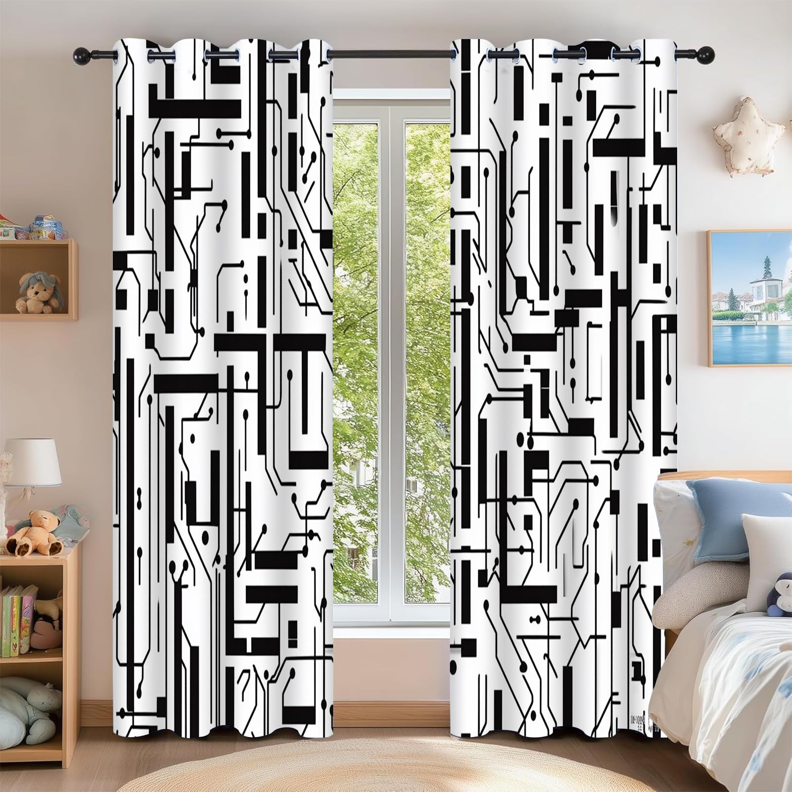 Rideau occultant gamer noir et blanc géométrique pour decoration de chambre