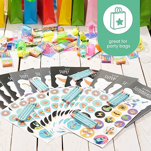 Miniatura 2 de THE TWIDDLERS - Paquete de 12 libros para colorear con 48 crayones y 216 calcomanías (superhéroe) - Mini libros para colorear para niños de 4 a 8