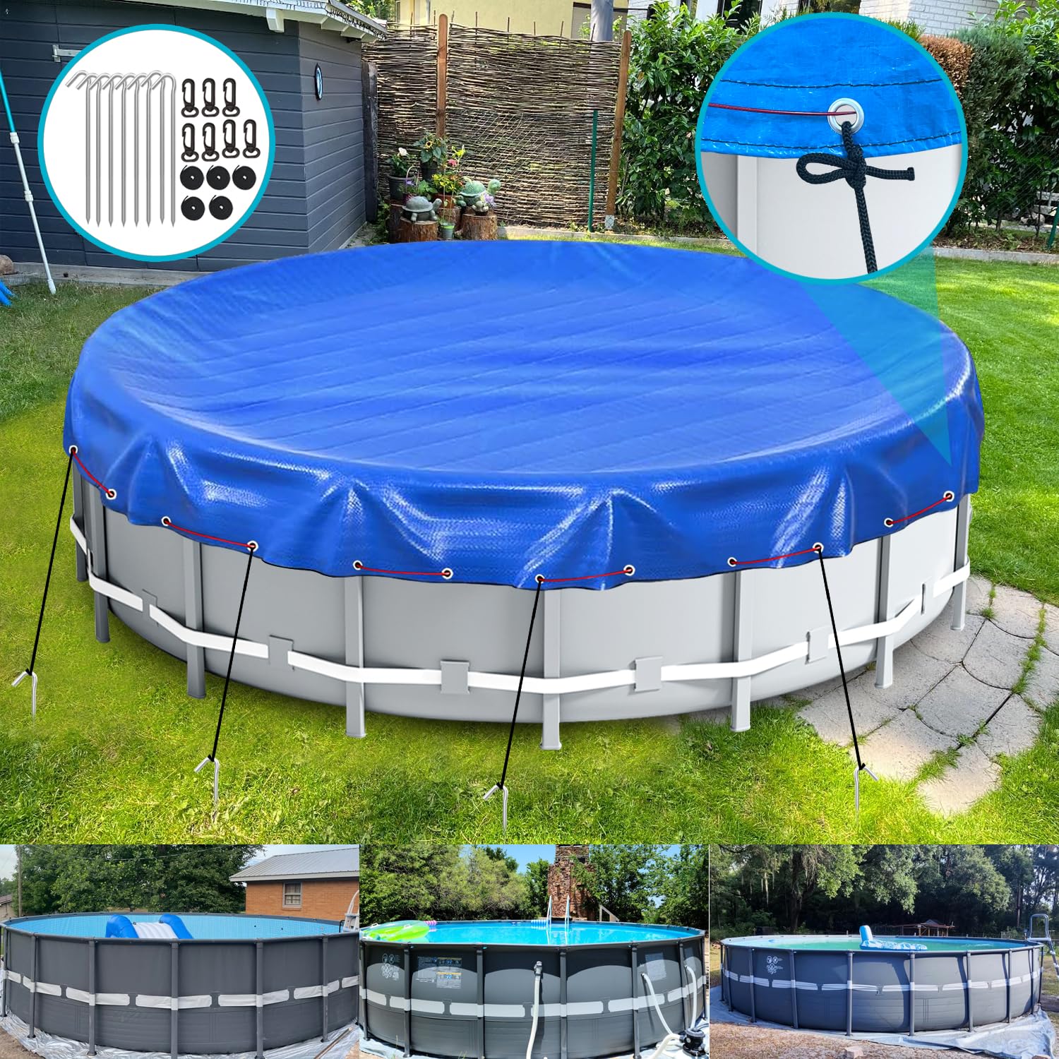 LXKCKJ 24 Ft Runde Poolabdeckung – Solar, Winterfest, Mit Zubehör-Set Für Oberirdische Pools