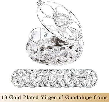 ESNOY Wedding Arras Coins Sets, Arras De Boda Catolica, Arras Para Boda Catolica Silver Gifts Box with 13 Coins Decorative Rhinestone Crystals,Arras De Boda Cristiana