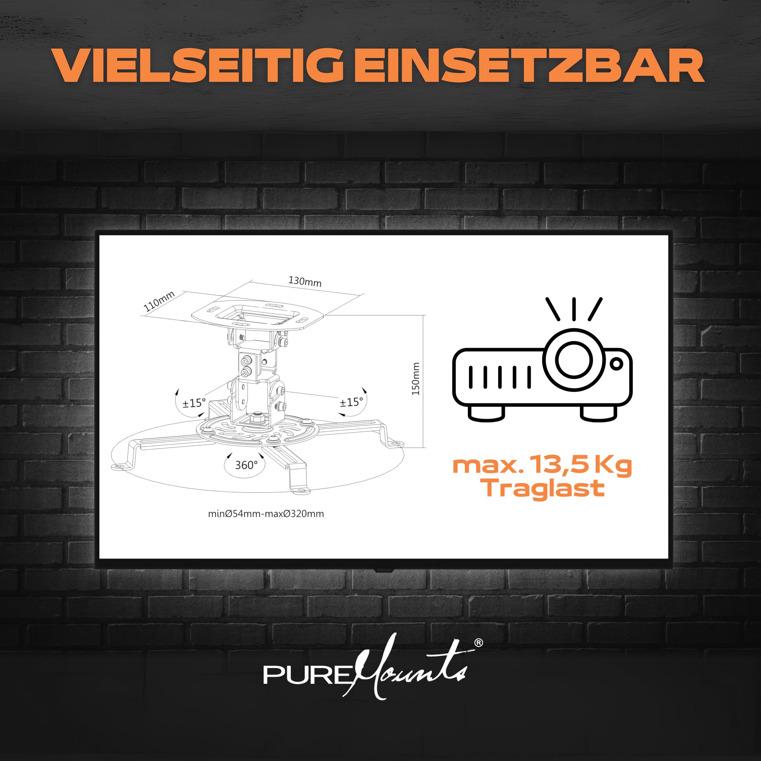 PureMounts Regulowany i obrotowy uchwyt sufitowy do projektora i projektora, rozstaw otworów do 320 mm, odstęp od sufitu 150 mm, nośność 13,5 kg, kolor biały