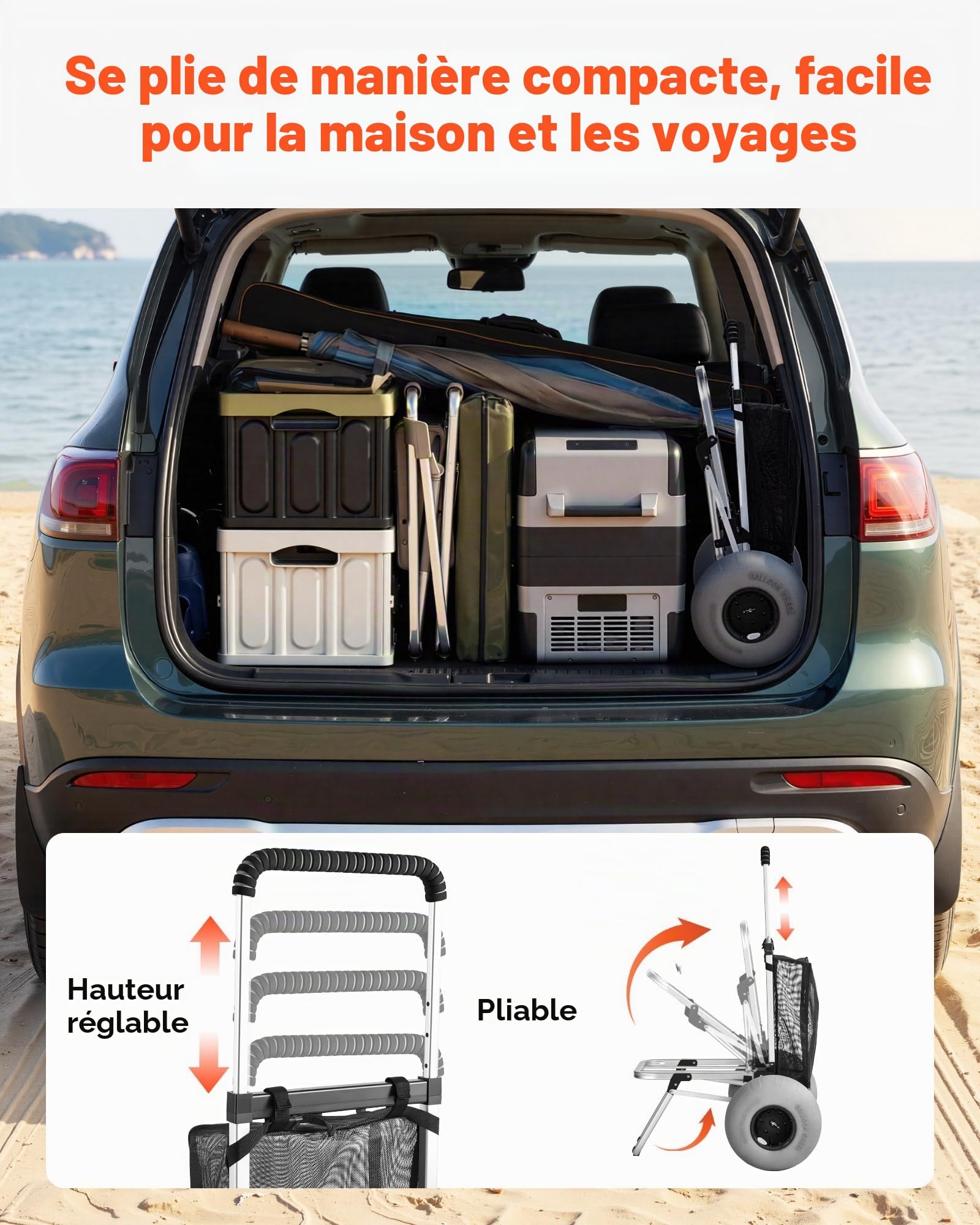 VEVOR Diable de Plage Tout-Terrain, Chariot de Transport Pliable Charge Maximale 75 kg, pour Camping Pêche Jardin Extérieur, Plateau de Chargement 50,5x37,4 cm, Roues Ballons 32 cm, Hauteur Réglable