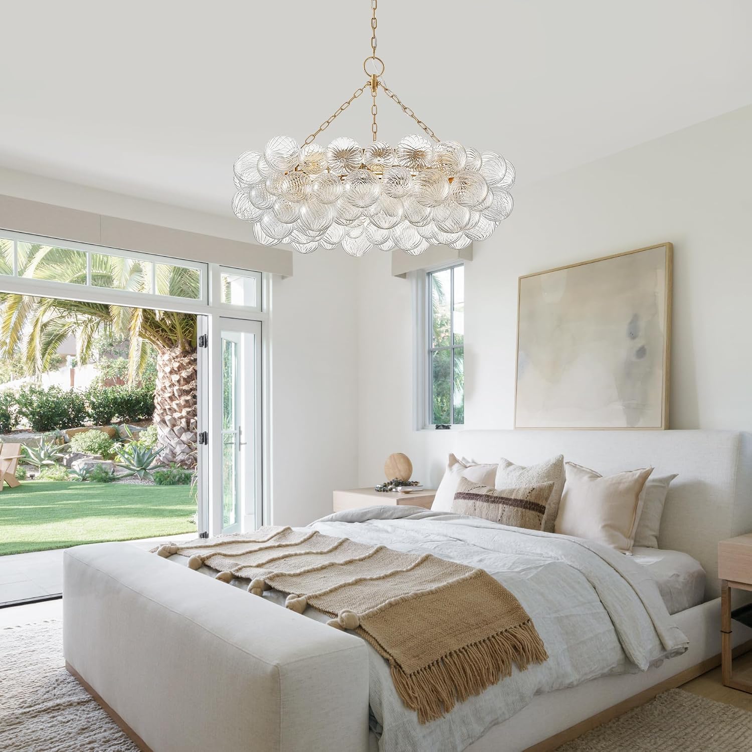 40 inch Bubble Ball Glass Chandelier with 9 Bulbs, Hand-Blown Swirled Glass Pendant Light for Living Room Bedroom, E12 110V Gilded Gold Metal Frame for Hall Entryway Dining Room Foyer
