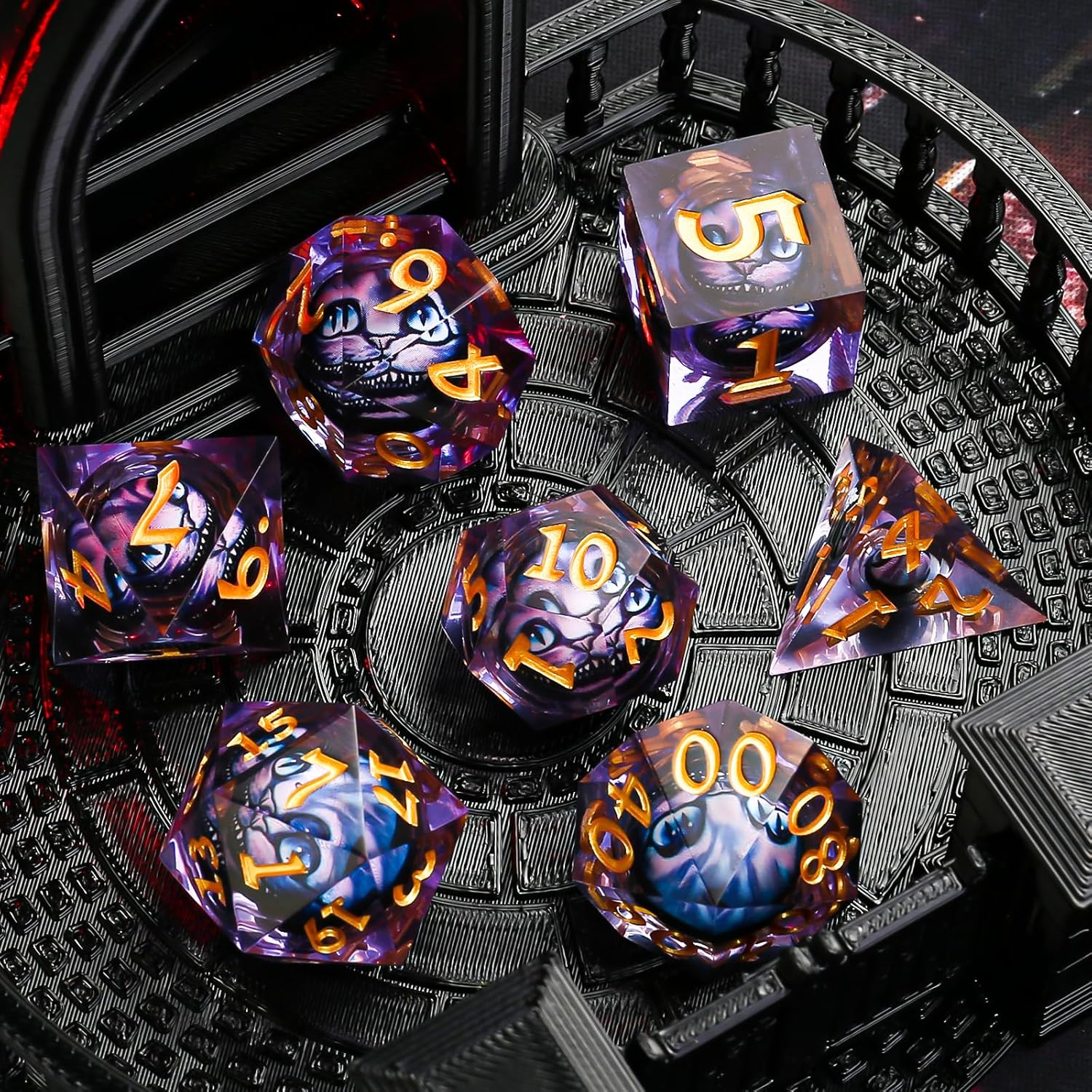 Sharp Edge Dice DND, DND Eyeball Dice Set, Liquid Core Dragon Eye Dice for Role Playing Table Games (Sharp Edge, Resin Eye Dice-Purple Cat)