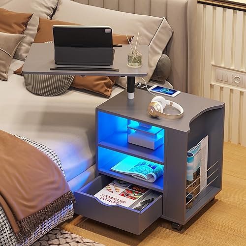 Miniatura 8 de HNEBC Mesita de noche LED con estación de carga inalámbrica, mesita de noche gris tiene mesa giratoria ajustable, mesitas de noche con un cajón y 2