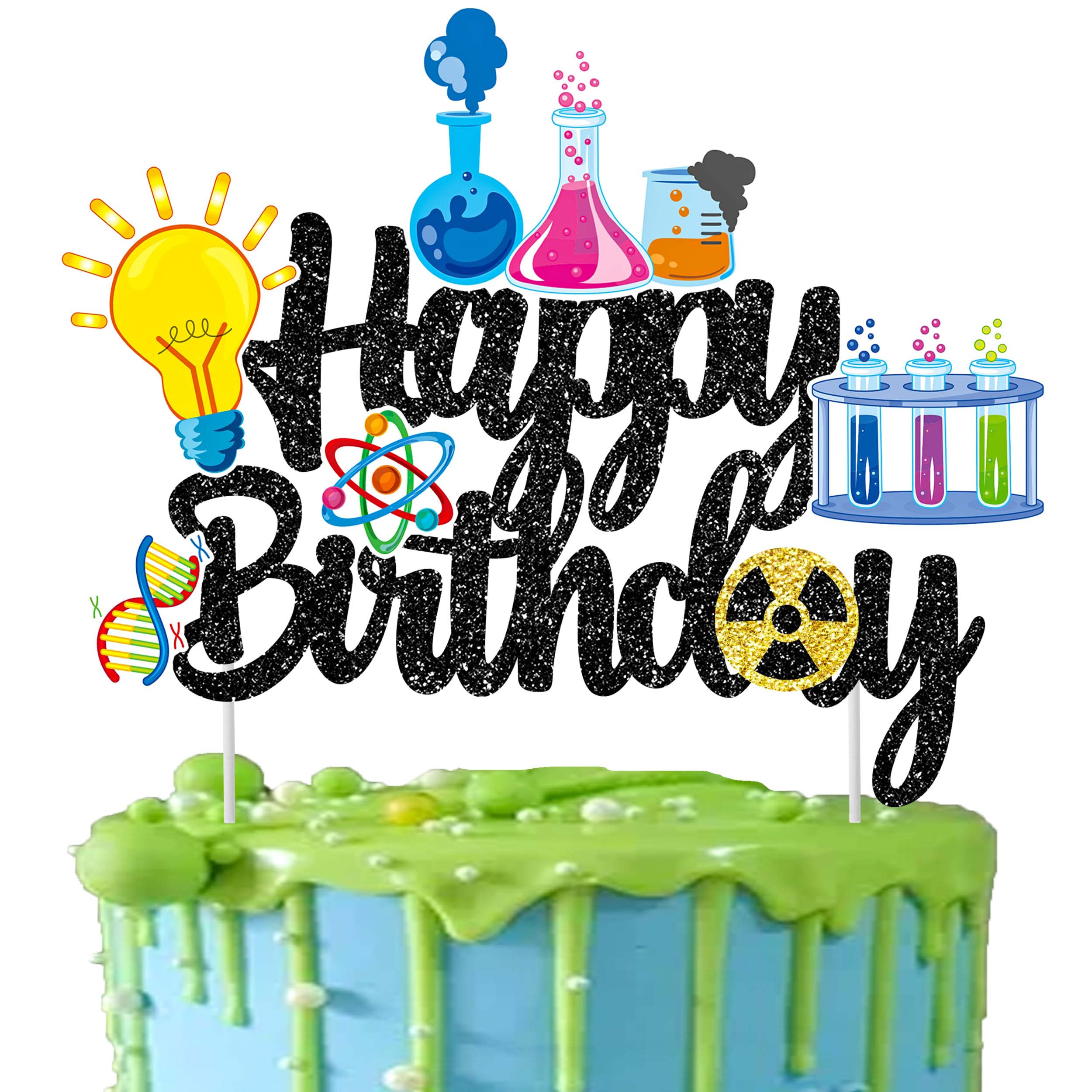 Science Theme Happy Birthday Cake Topper for Science Birthday Party Decorations (Black)