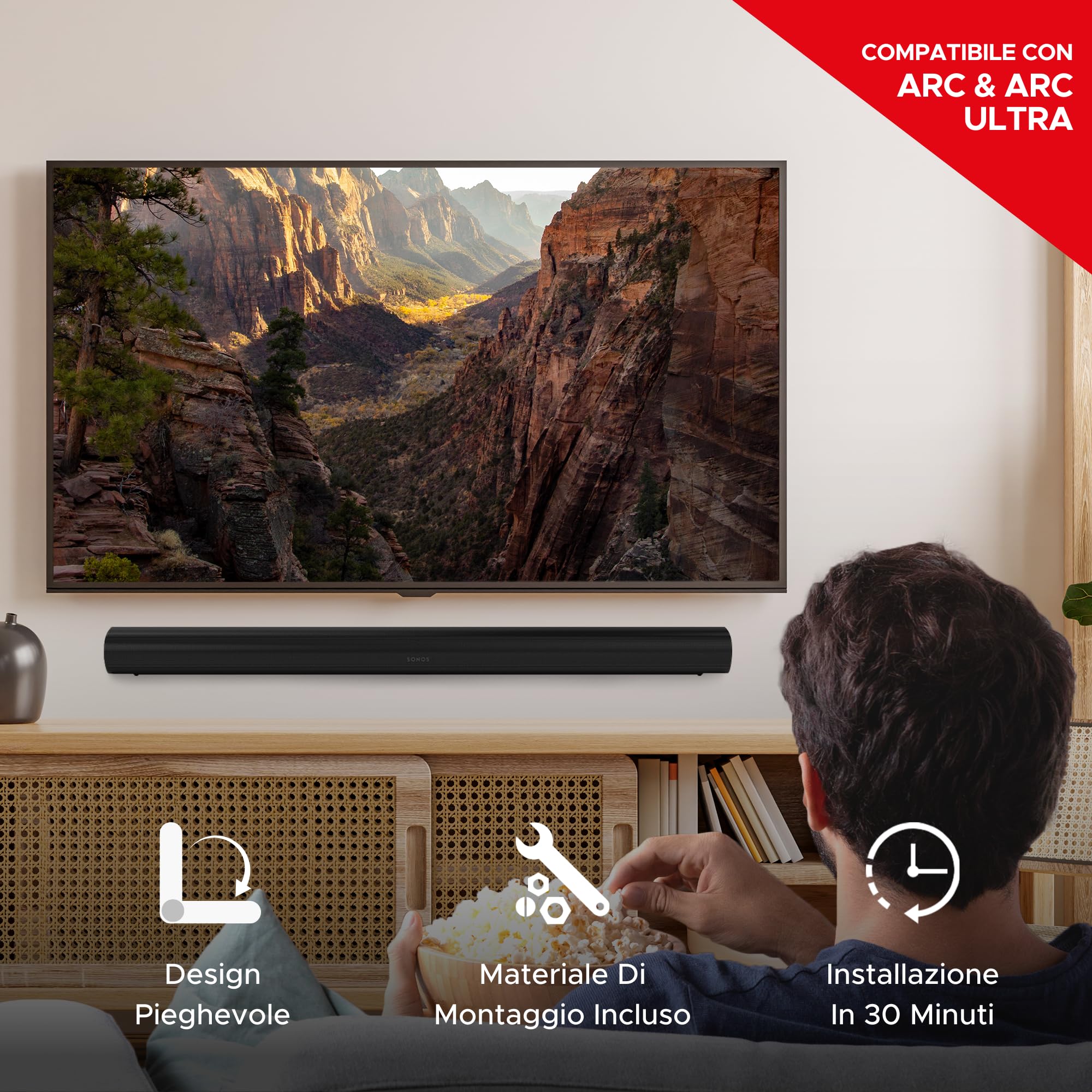 Sound bass Staffa da parete per Arc Soundbar, nera | Compatibile con Sonos Arc e Arc Ultra, profondità regolabile, kit completo, progettato nel Regno Unito