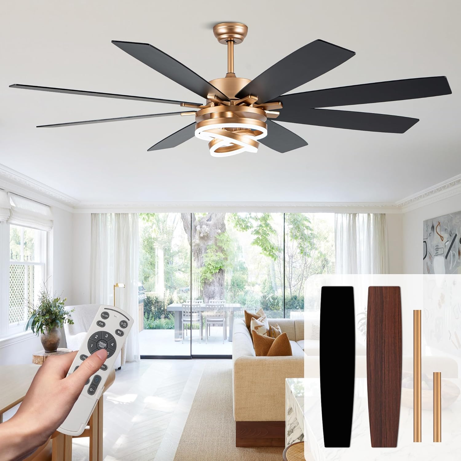 72 Inch Black and Gold Ceiling Fan with Lights and Remote Modern Fandelier Ceiling Fan Large Chandelier LED Light, Reversible DC Motor 3CCT Dimmable 6 Speed for Living Room Indoor Outdoor