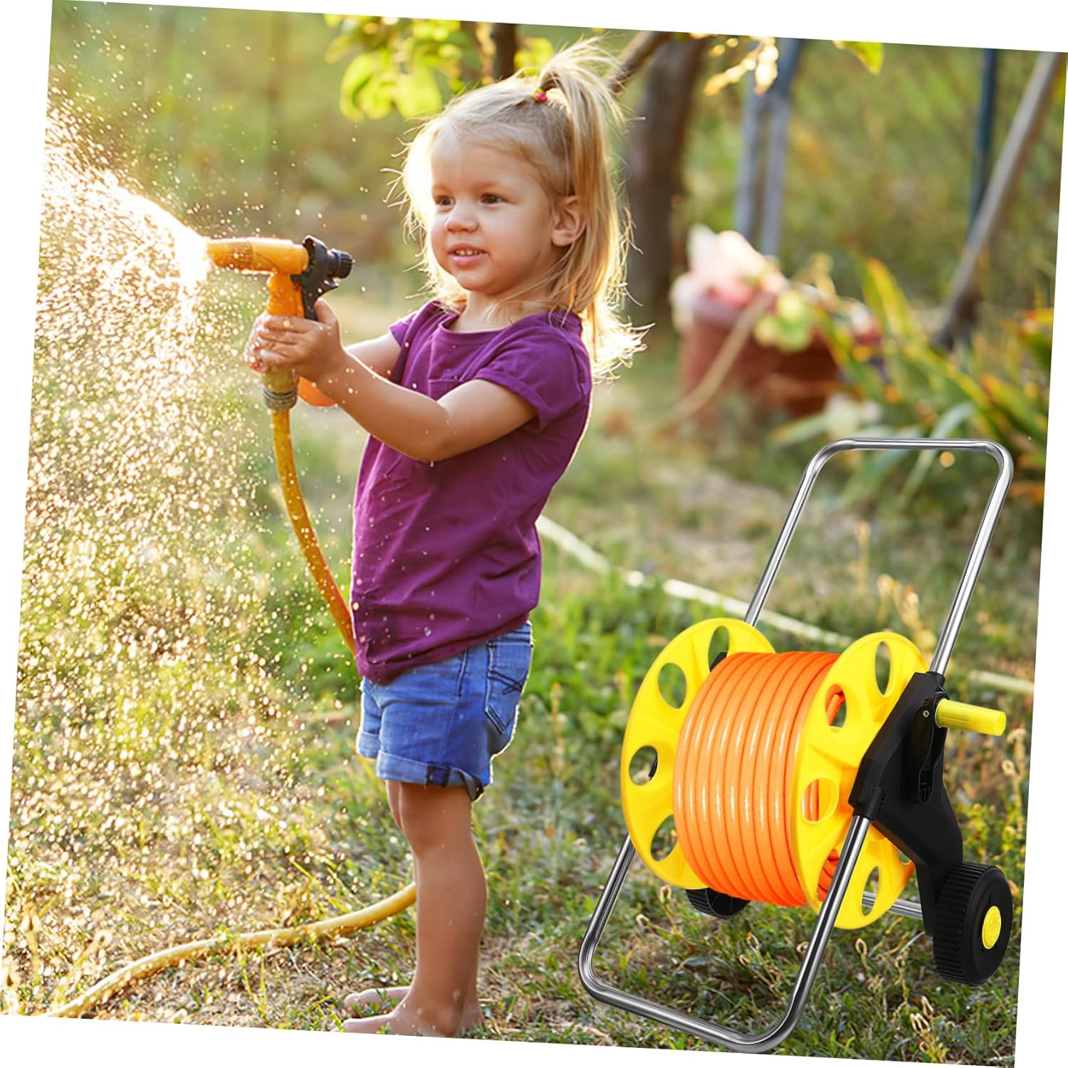 Water Pipe Truck Garden Hose Reel Cart Roller Wheels Easy Storage Lightweight Hose Holder Flexible Handle