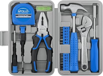 Apollo Tools 20-Piece Compact DIY Household Tool Set Book-Sized Home Repair Kit with Hammer, Screwdrivers, Wrench, Bits & Case Portable for Apartment, Dorm, Office, Every day Blue/Gray DT1031