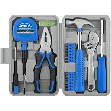 Apollo Tools 20-Piece Compact DIY Household Tool Set   Book-Sized Home Repair Kit with Hammer, Screwdrivers, Wrench, Bits & Case   Portable for Apartment, Dorm, Office, Every day   Blue/Gray DT1031