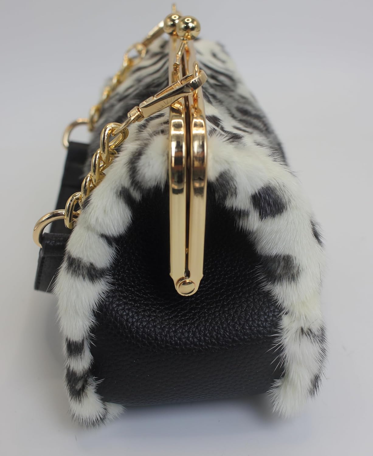 Fosrion Luxury Mink Fur Leopard Print Handbag – Small Kiss Lock Purse with Gold Chain Strap, Evening & Shoulder Bag