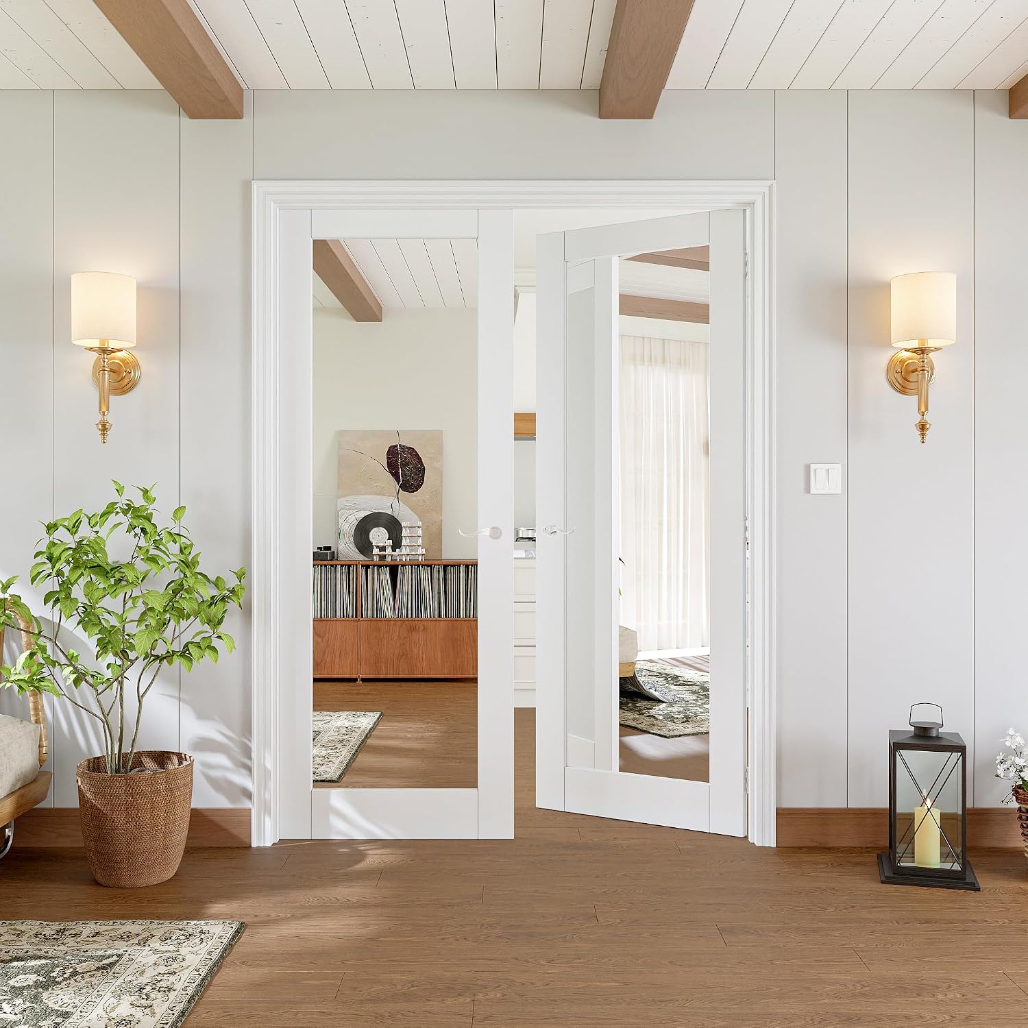 60x80 inch Interior 1-Lite Mirror French Door White Primer Solid Core with French Door Frame & Silver Hardware