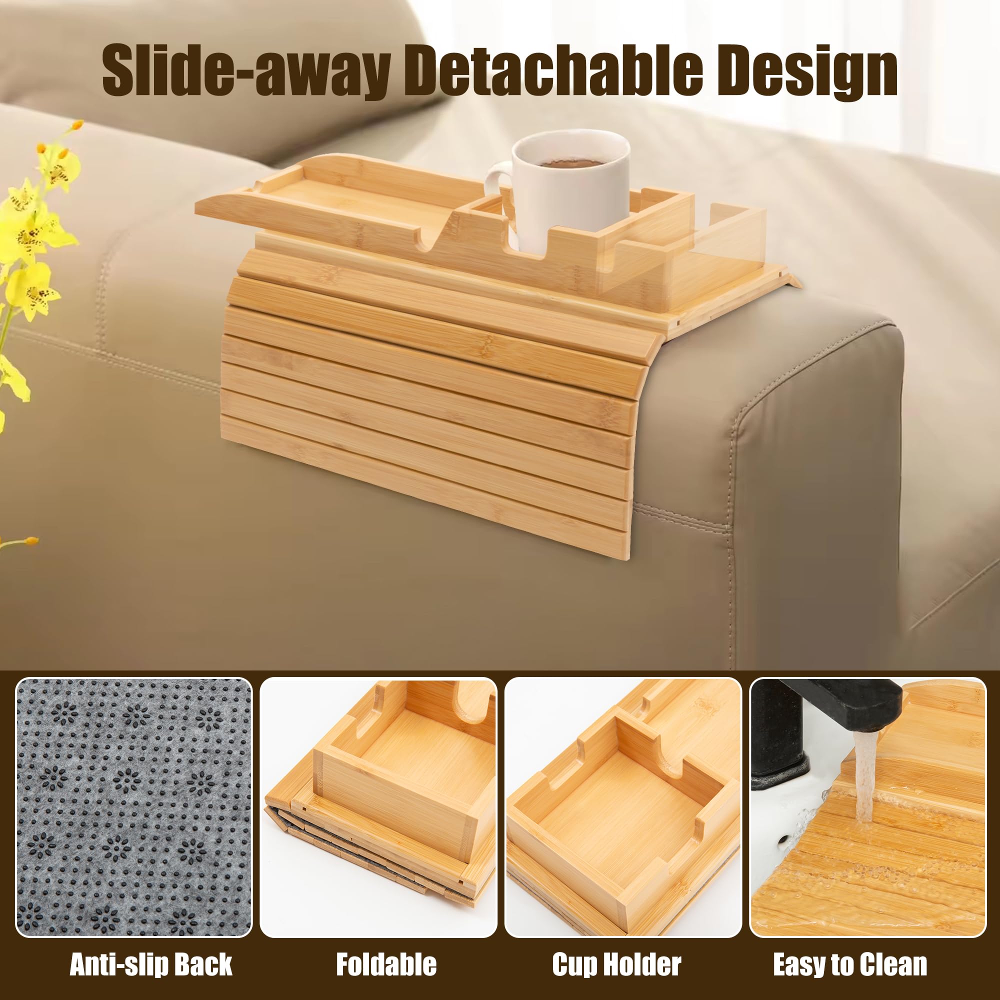 Soporte de bambú para sofá, mesa plegable y antideslizante con bandeja organizadora de brazos de sofá desmontable, bandeja portátil 2 en 1 para reposabrazos de sofá para bebida, café, taza, control