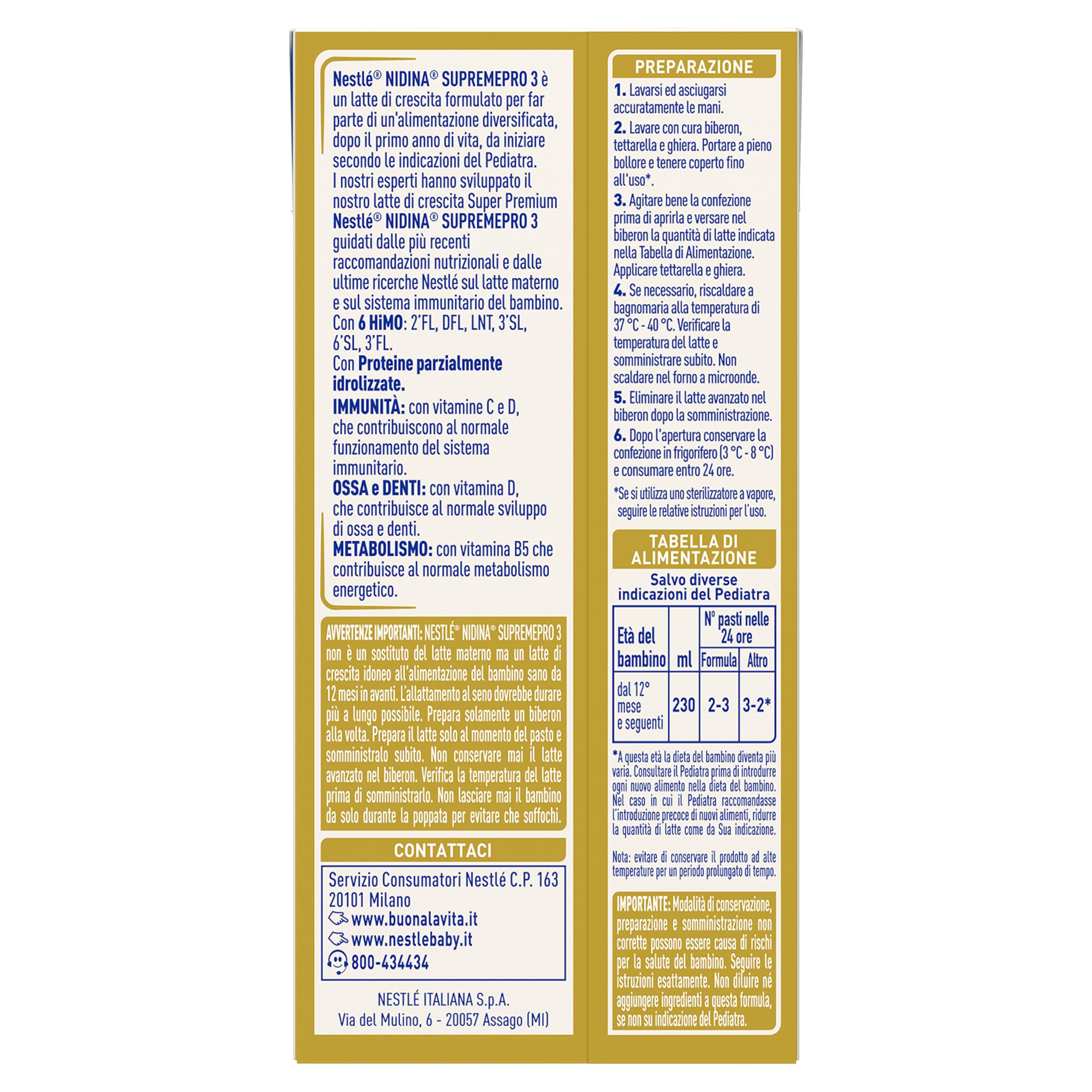 NIDINA SUPREMEpro 3 Latte di Crescita Liquido da 12 mesi, 12 Brick da 300ml (3,6L)