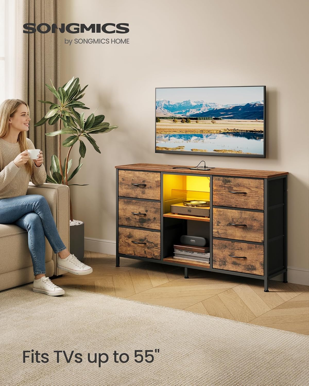 SONGMICS BELLAH Collection - TV Stand for TVs Up to 55 Inches, Dresser for Bedroom, Living Room, Chest of Drawers, Steel, 6 Drawers and 2 Shelves, Industrial, Rustic Brown ULGS032K101S