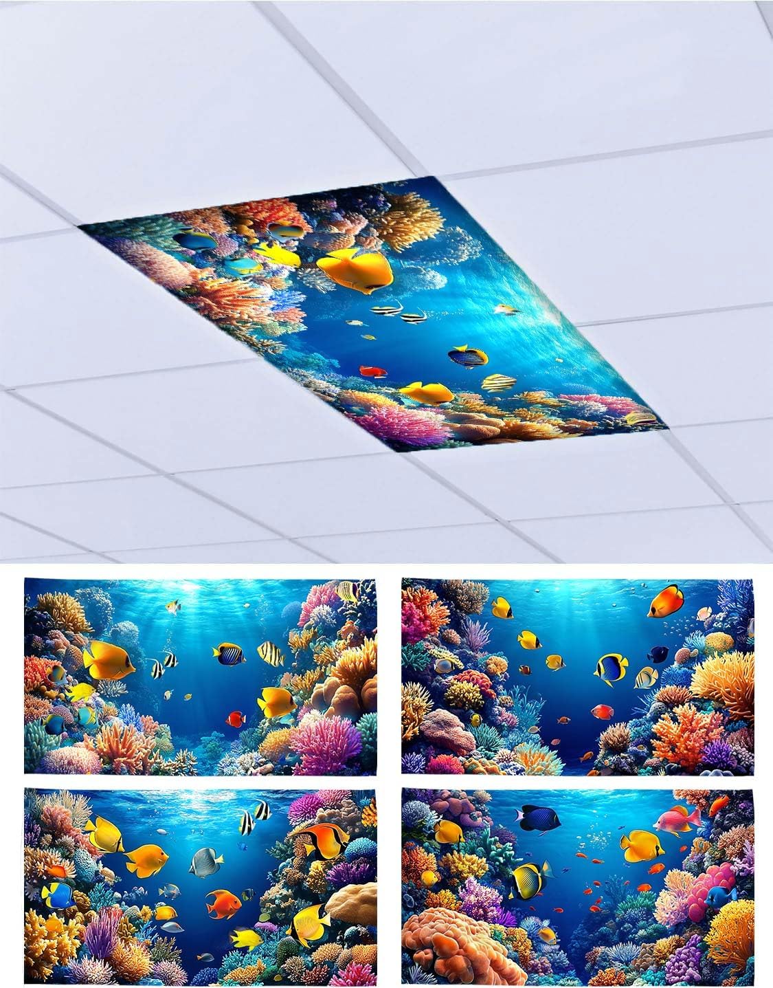 4Pcs Fluorescent Light Covers - Magnetic Ocean Theme Light Filters for Office Hospital Underwater Light Covers Home Decorative for Ceiling Lights 4 x 2 ft